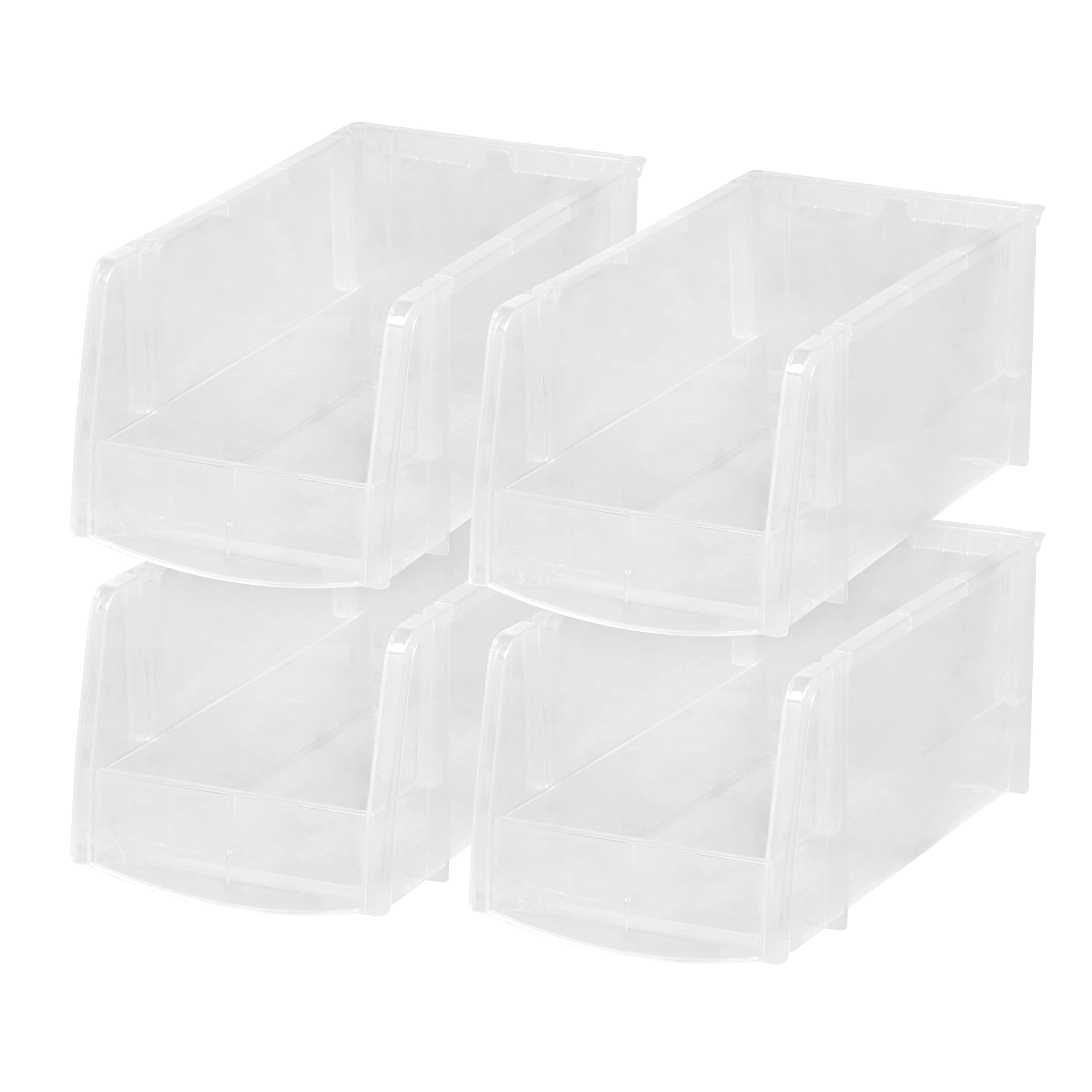 IRIS USA Clear Plastic Stackable Storage Bins - 4 Pack Medium Open Front Organizer Baskets for Kitchen, Pantry, Fridge, Bathroom & Office | Perfect for Snacks, Cans, Coffee Pods & Supplies | Space-Saving Home & Office Organization Solution