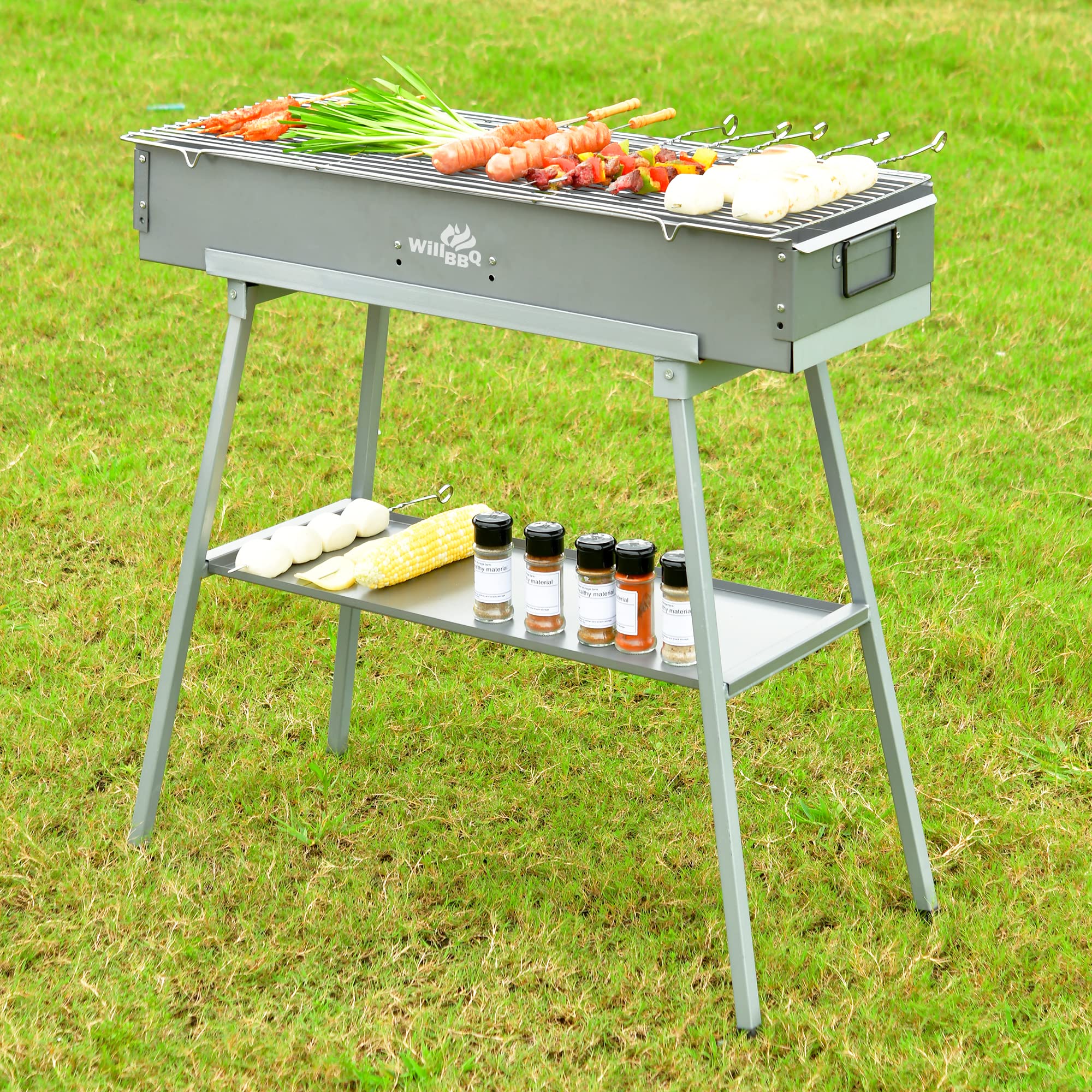 Premium Portable Charcoal Grill - Commercial Quality Hibachi BBQ for Lamb Skewers, Camping & Backyard Cooking - Foldable Design (31.6x10.3x5.1 Inch) - Perfect for Garden Parties, Picnics, Travel & Outdoor Adventures