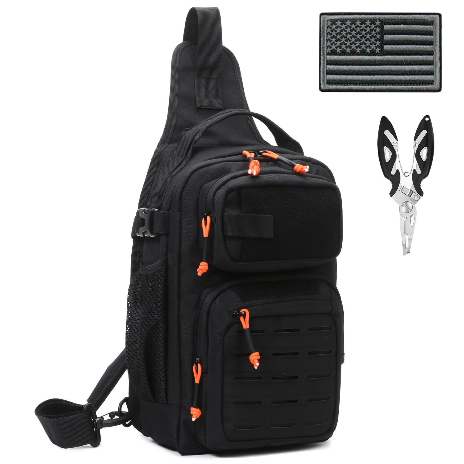 12L Lightweight Tactical Fishing Backpack with Tackle Storage - Waterproof Sling Shoulder Bag with US Flag Patch & Fishing Pliers (Black) - Perfect for Outdoor Fishing, Camping & Hiking Adventures