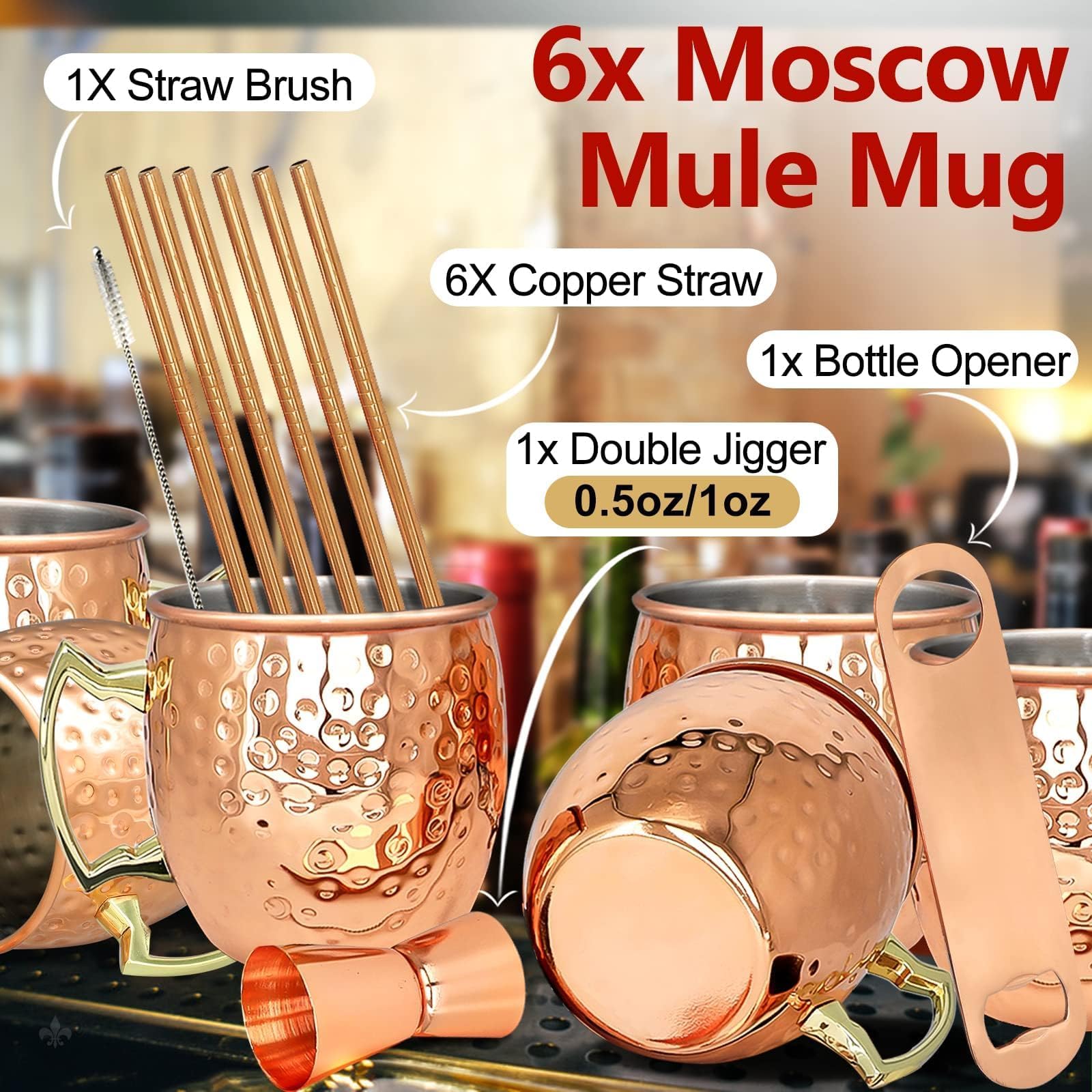 LINALL Moscow Mule Copper Mugs - Set of 6 (18oz) Copper Plated Stainless Steel Cups for Cocktails, Iced Coffee & Chilled Beverages - Perfect for Parties, Bars & Home Entertaining