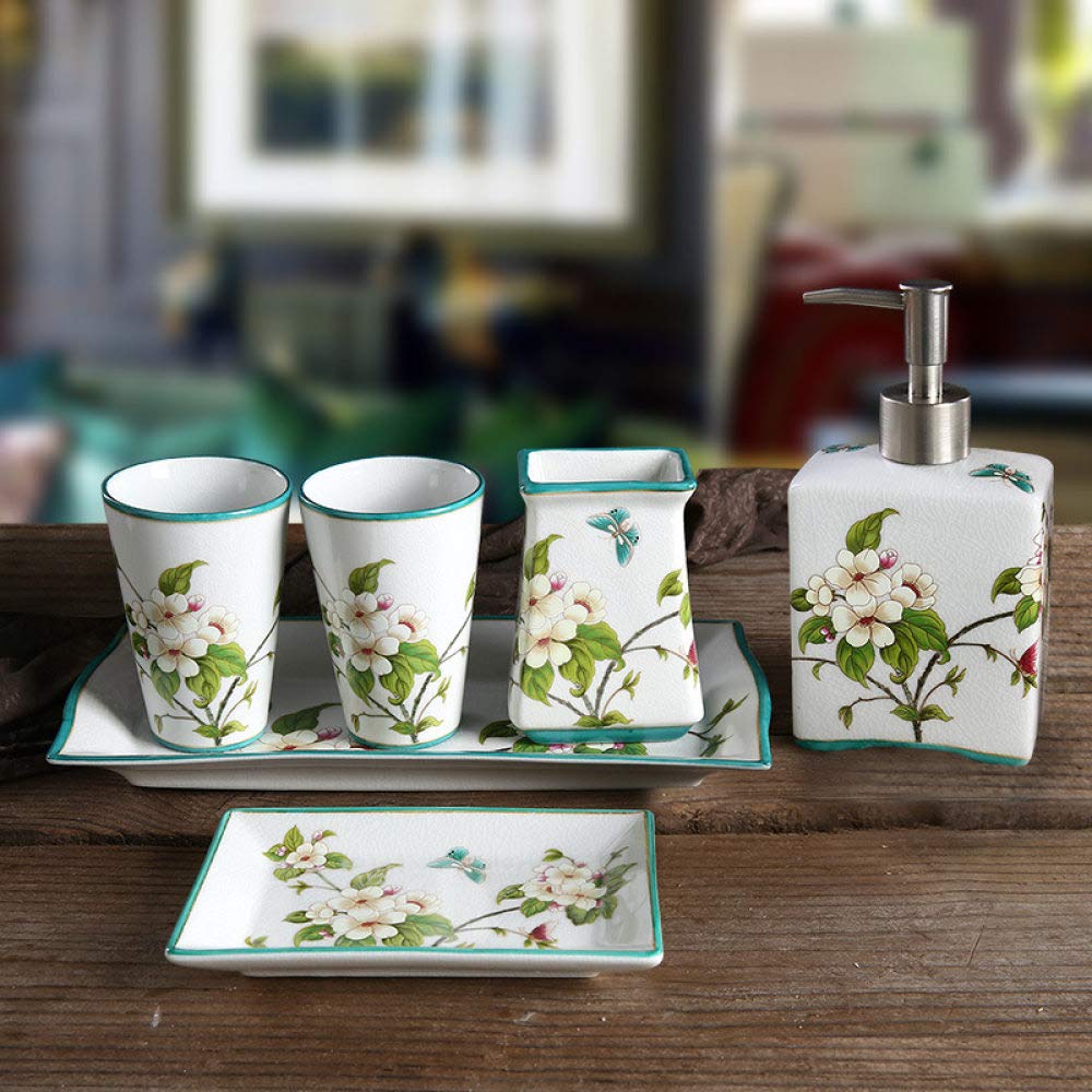 Vintage Ceramic Bathroom Accessory Set - 6 Piece Painted Red Flower & Butterfly Design Includes Soap Dispenser, 2 Tumblers, Soap Dish, Vanity Tray & Toothbrush Holder | Elegant Bathroom Decor for Home, Hotel & Spa | Perfect Housewarming Gift & Bathroom Organization Solution