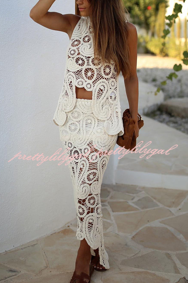 Crochet Lace Elastic Waist Maxi Skirt with Irregular Hem - Boho Summer Beach Dress for Vacation, Wedding, or Casual Outings