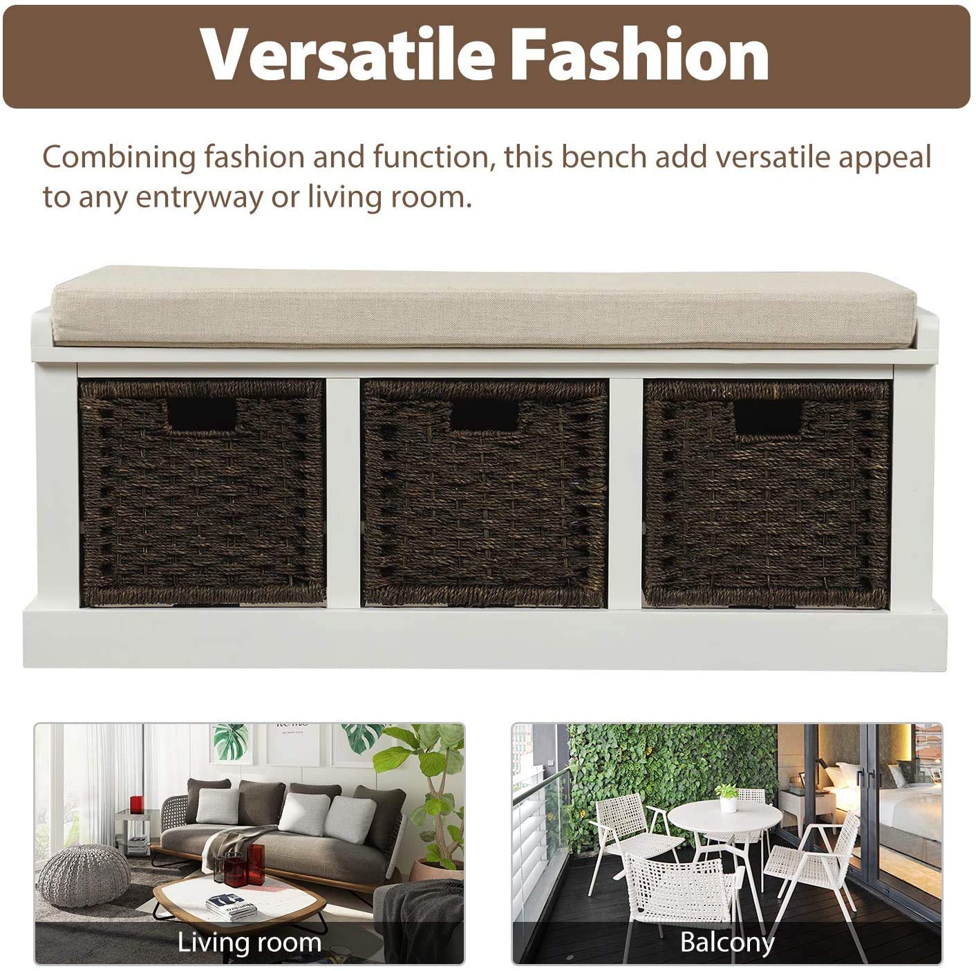 Rustic Storage Bench with 3 Basket Drawers - Entryway Shoe Bench with Cushioned Seat for Hallway, Living Room & Bedroom (White) - Perfect for Organizing Shoes, Toys & Home Decor