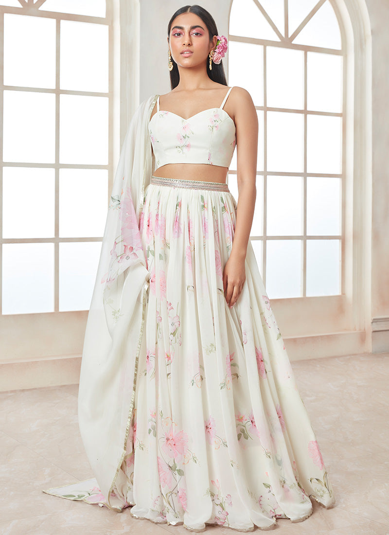 Elegant Off White and Pink Printed Georgette Lehenga Choli Set for Women | Indian Wedding Party Dress | Perfect for Bridal, Sangeet & Festive Occasions
