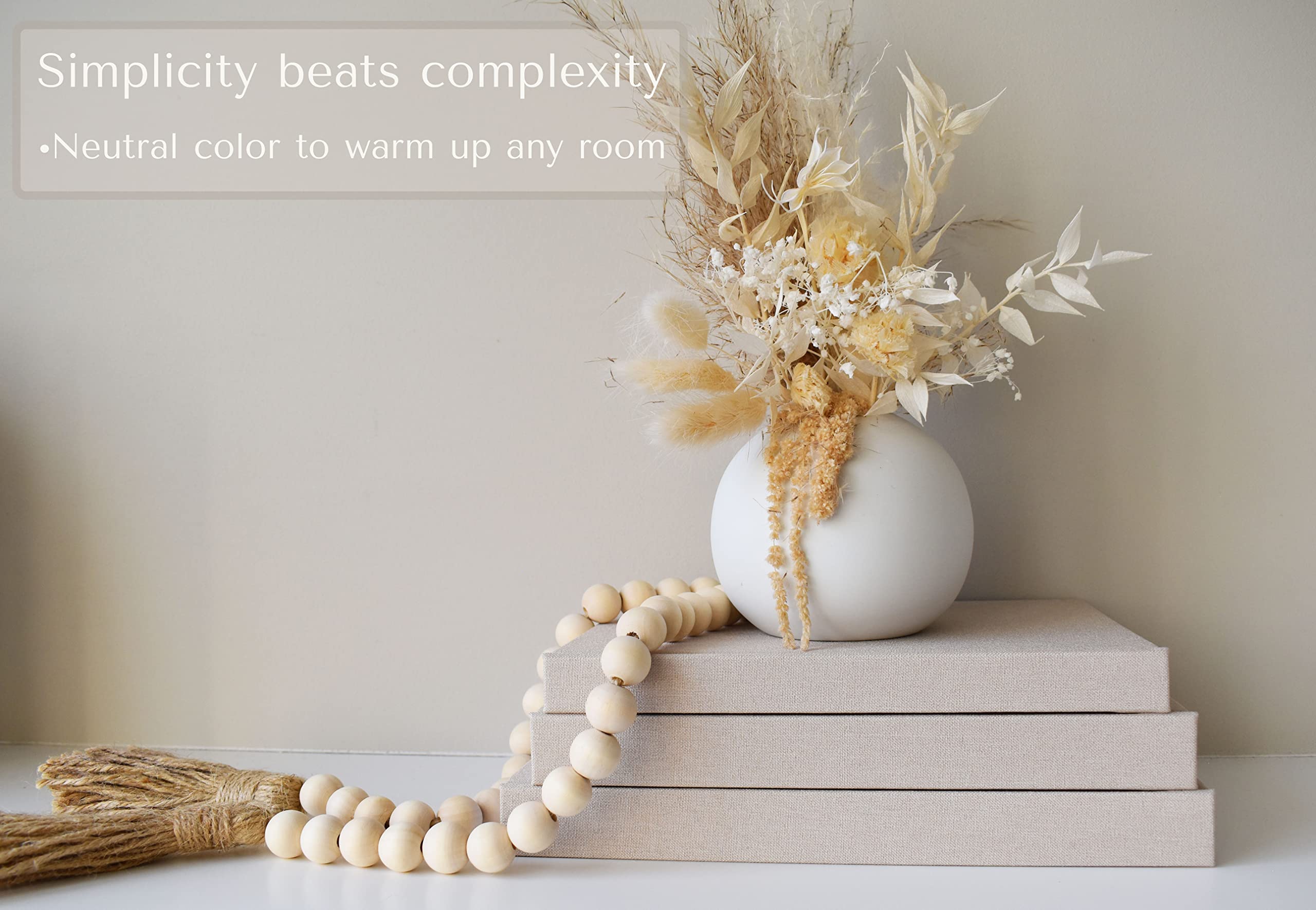 Decorative Fabric Books Set of 3 - Neutral Latte Beige Linen Books with Wooden Bead Garland for Boho Home Decor | Bookshelf Styling, Fireplace Mantel Decor, Coffee Table Centerpiece, Tiered Tray Display | Perfect for Living Room, Bedroom & Office Decor