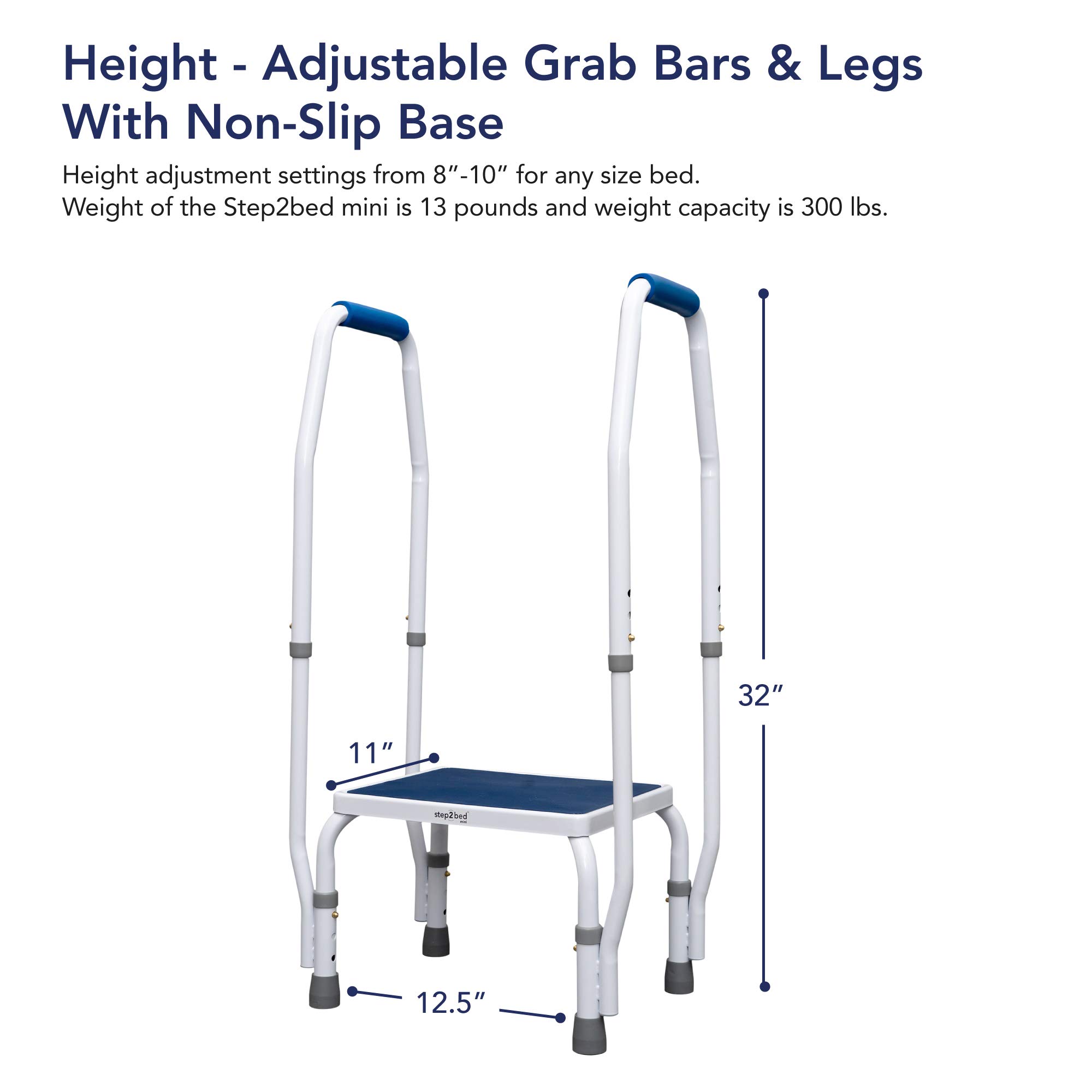 Step2Bed Adjustable Height Mini Step Stool with Handle - Portable Safety Step Stool for Elderly & Seniors with 300 lbs Capacity - Stainless Steel Bedside Assist Rail for Handicap & Mobility Support - Perfect for Bed Access, Bathroom Safety & Home Accessibility Needs