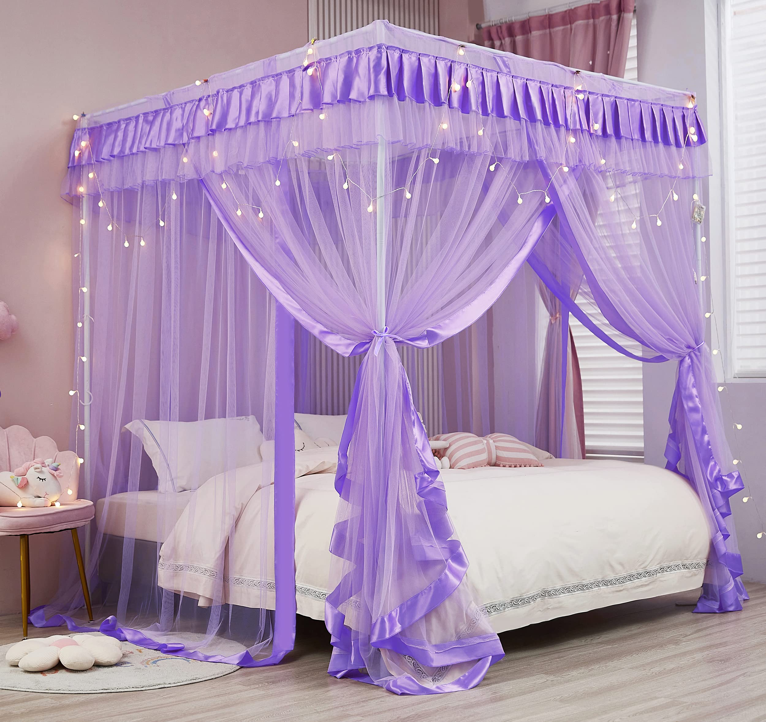 Mengersi Full Size Canopy Bed Curtains for Kids - Purple Princess Bed Drapes, Boys Girls Bedroom Decor, Dreamy Canopy for Daytime Naps & Fantasy Play
