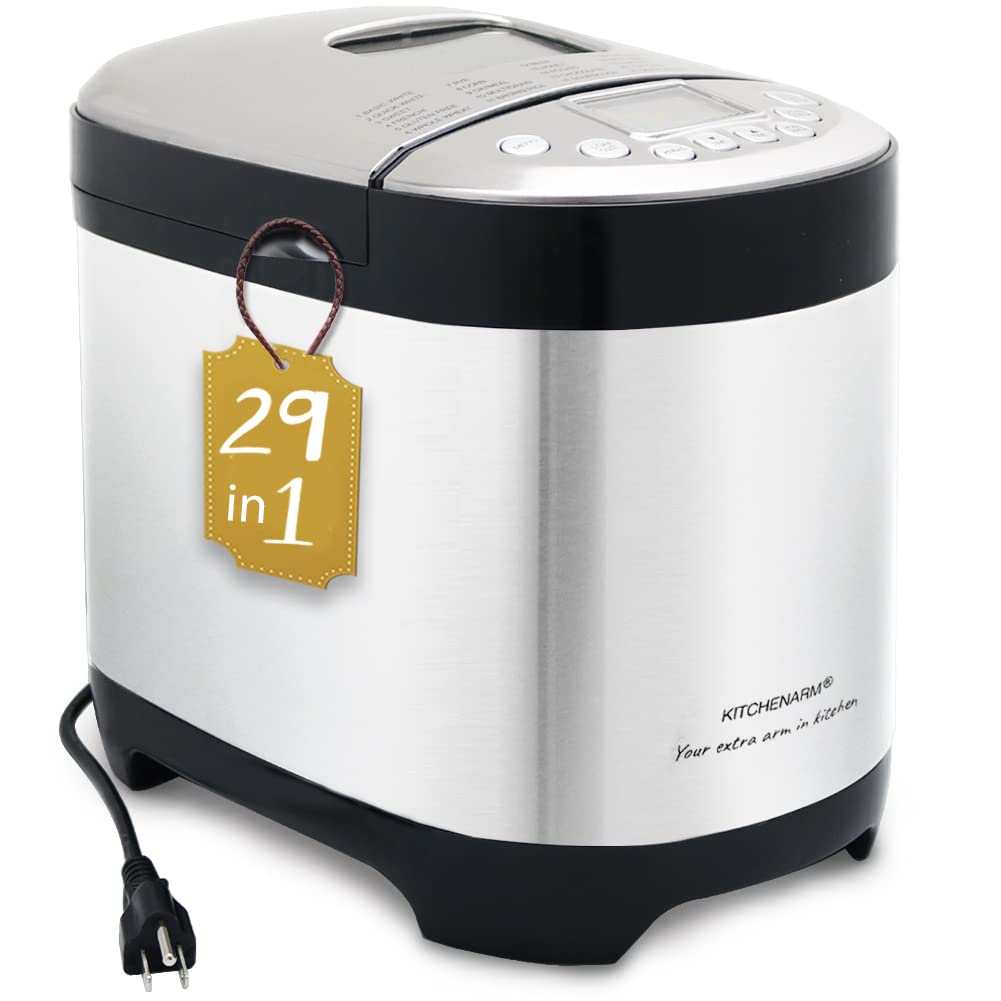KITCHENARM 29-in-1 SMART Bread Maker Machine with Gluten-Free Setting (2LB/1.5LB/1LB Capacity) - Stainless Steel Bread Maker with Homemade Cycle & Recipe Book - Perfect for Baking Whole Wheat, White, and Gluten-Free Bread at Home