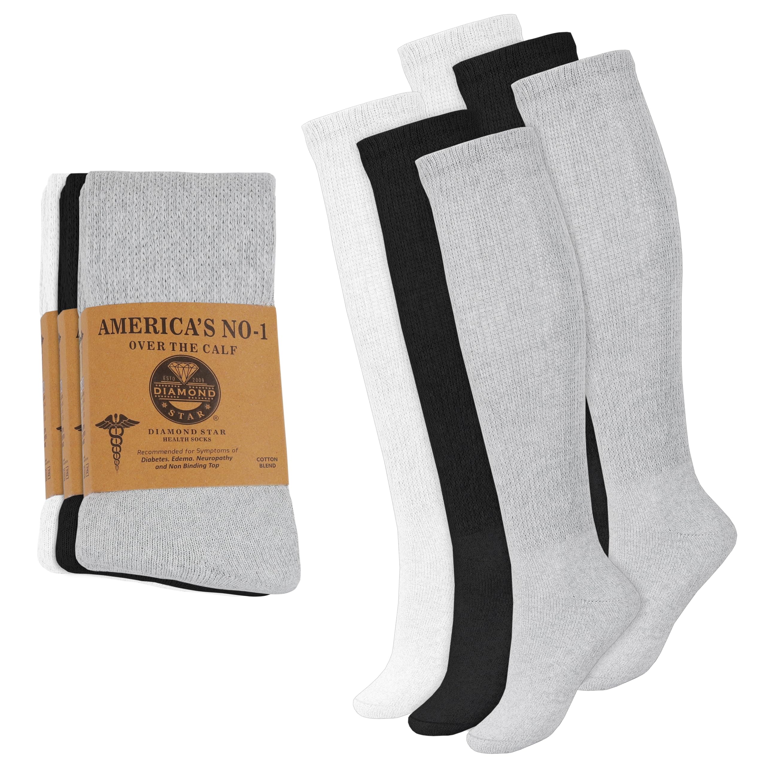 6 Pairs Diabetic Socks for Men - Over The Calf Knee High Cotton Socks for Circulation & Swelling Relief (Size 10-13, Big & Tall 13-16) - Ideal for Diabetes, Travel & Daily Comfort