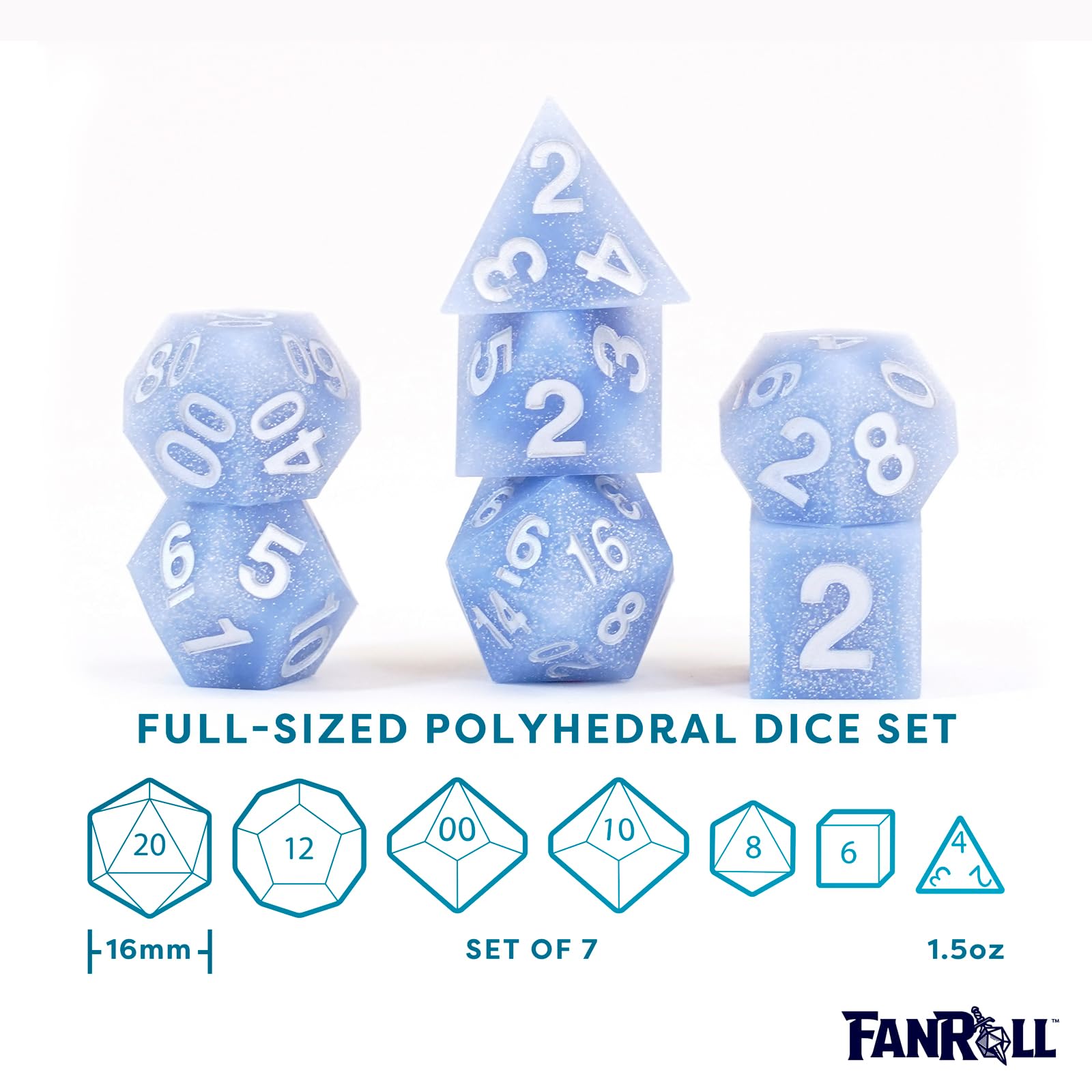 FanRoll 16mm Sharp Edge Silicone Rubber Polyhedral DND Dice Set - Glacial Debris Style RPG Dice for Dungeons & Dragons, Pathfinder, MTG and Tabletop Gaming Adventures