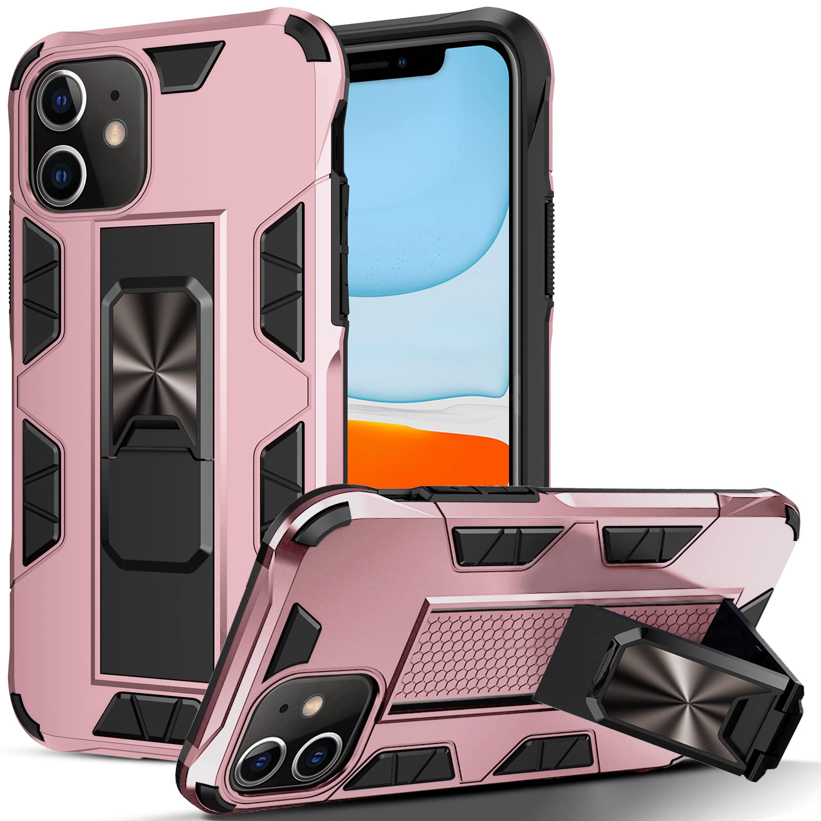 DOSNTO iPhone 11 Case with Kickstand - Heavy Duty Shockproof Protective Cover with Silicone Bumper & Airbag Technology | Perfect for Workouts, Travel & Hands-Free Viewing (Pink)
