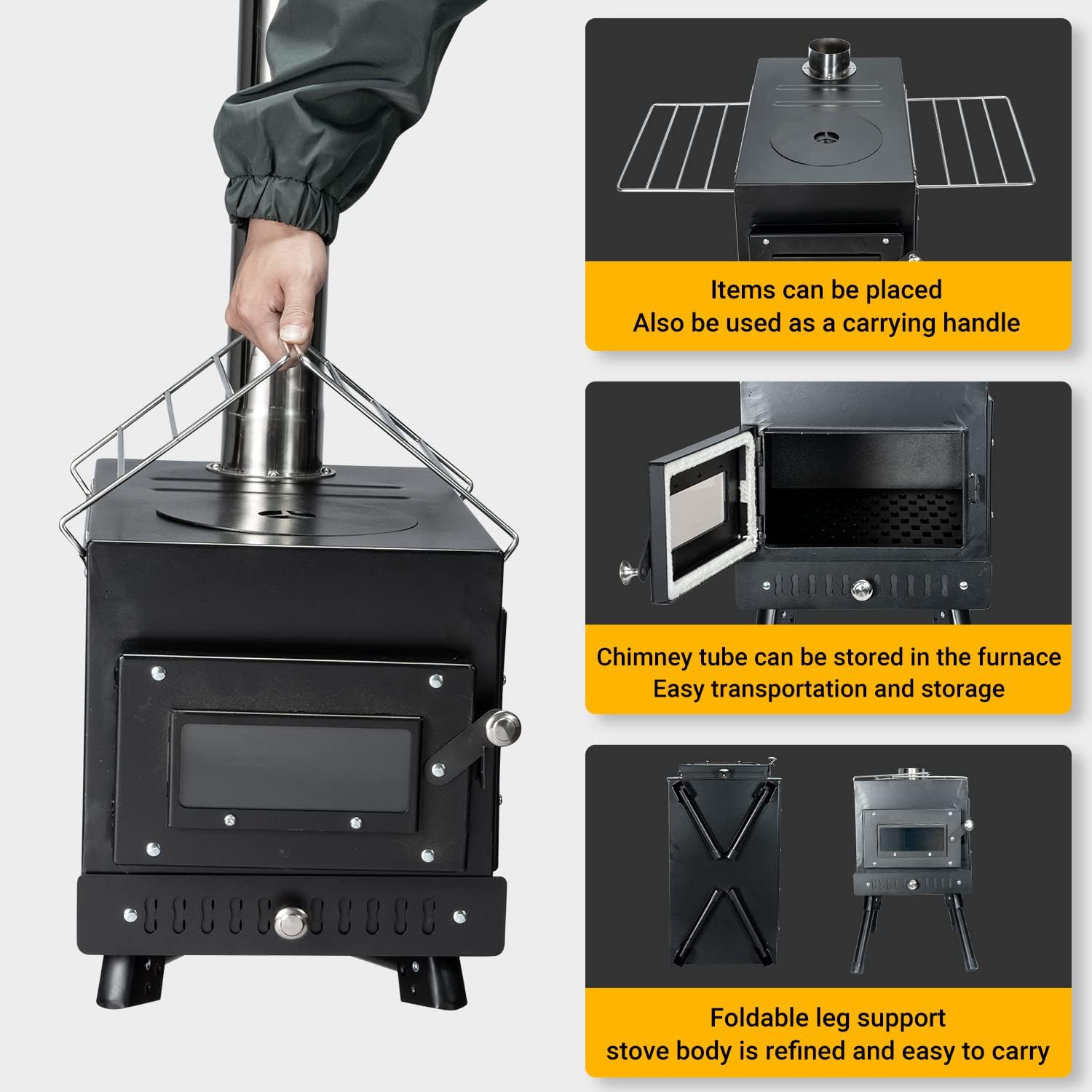 Portable Wood Burning Camping Stove with Chimney Pipe - Outdoor Cooking & Heating Stove for Tents, Shelters, Backpacking & Survival Gear | Perfect for Camping Trips, Emergency Preparedness & Outdoor Adventures