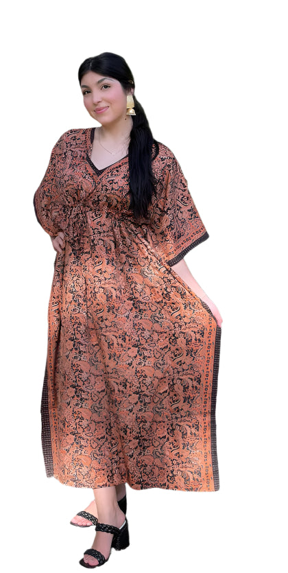 Peach Boho Silk Maxi Kaftan Dress - Flowy Resort Wear for Women Plus Size 3XL | Perfect for Beach Vacation, Cruise Getaway & Summer Travel