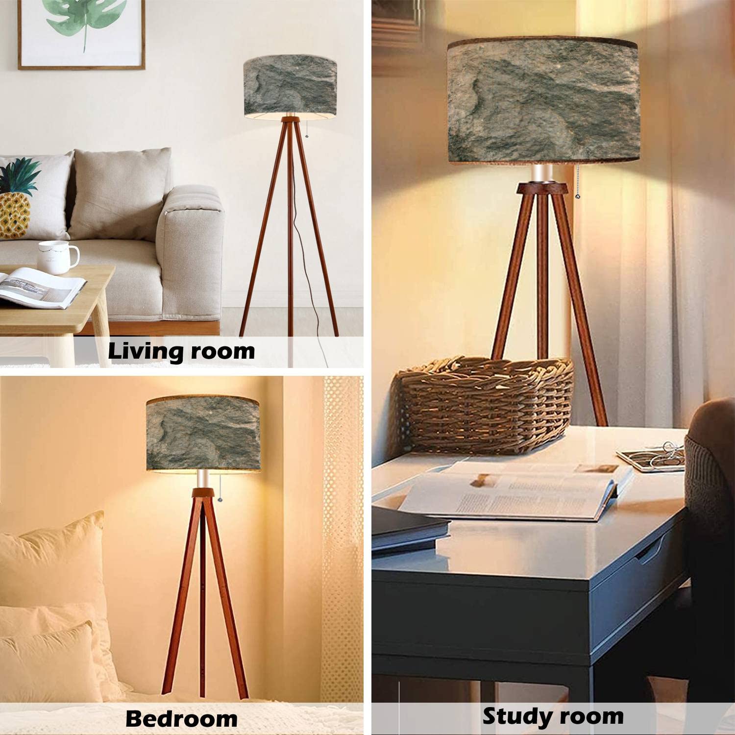 Modern Wood Tripod Floor Lamp with Linen Shade - Dimmable Tall Standing Lamp in Natural Grey Finish for Living Room & Bedroom | Mid-Century Style Lighting for Cozy Home Decor