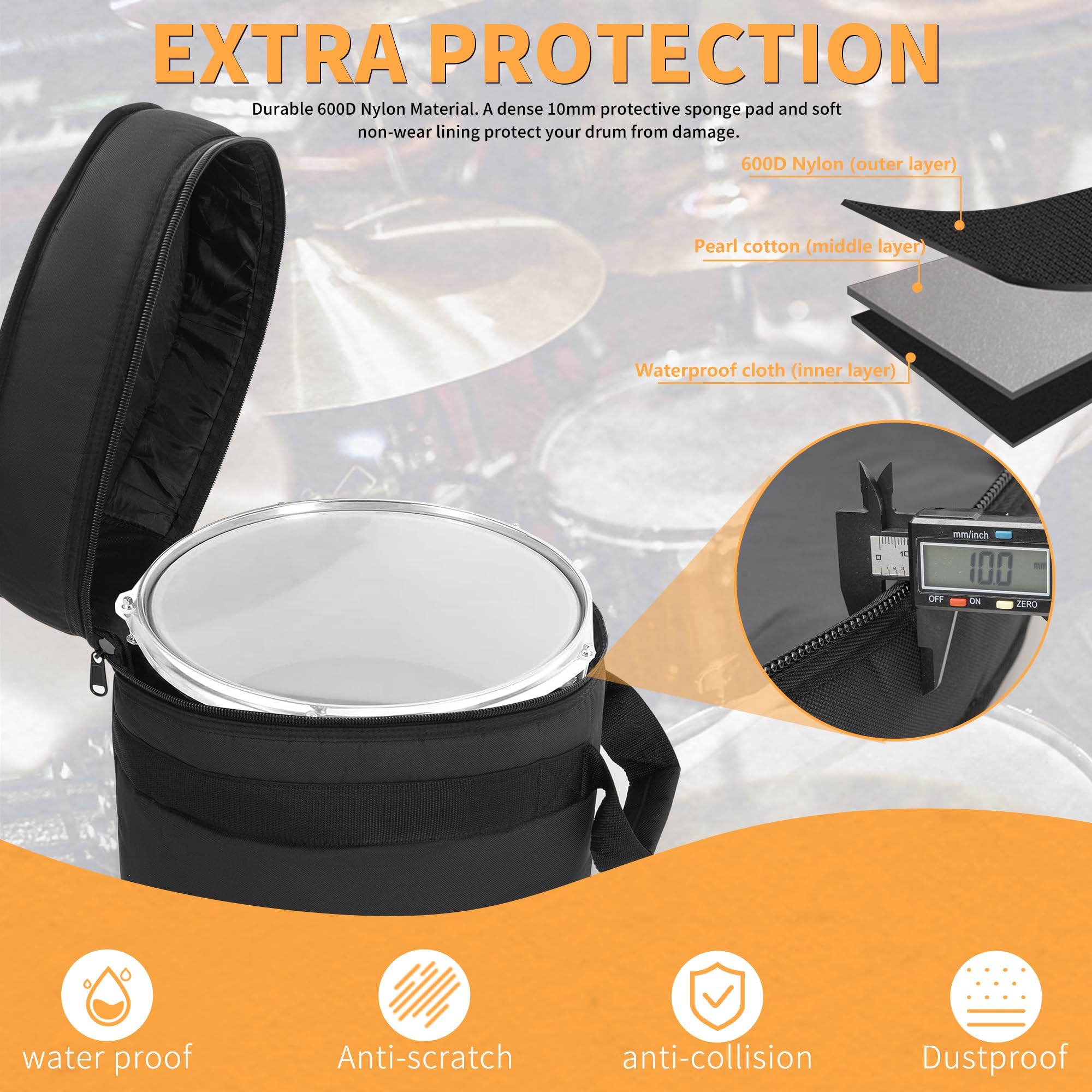 5-Piece 10mm Padded Drum Bag Set - Protective Covers for 12
