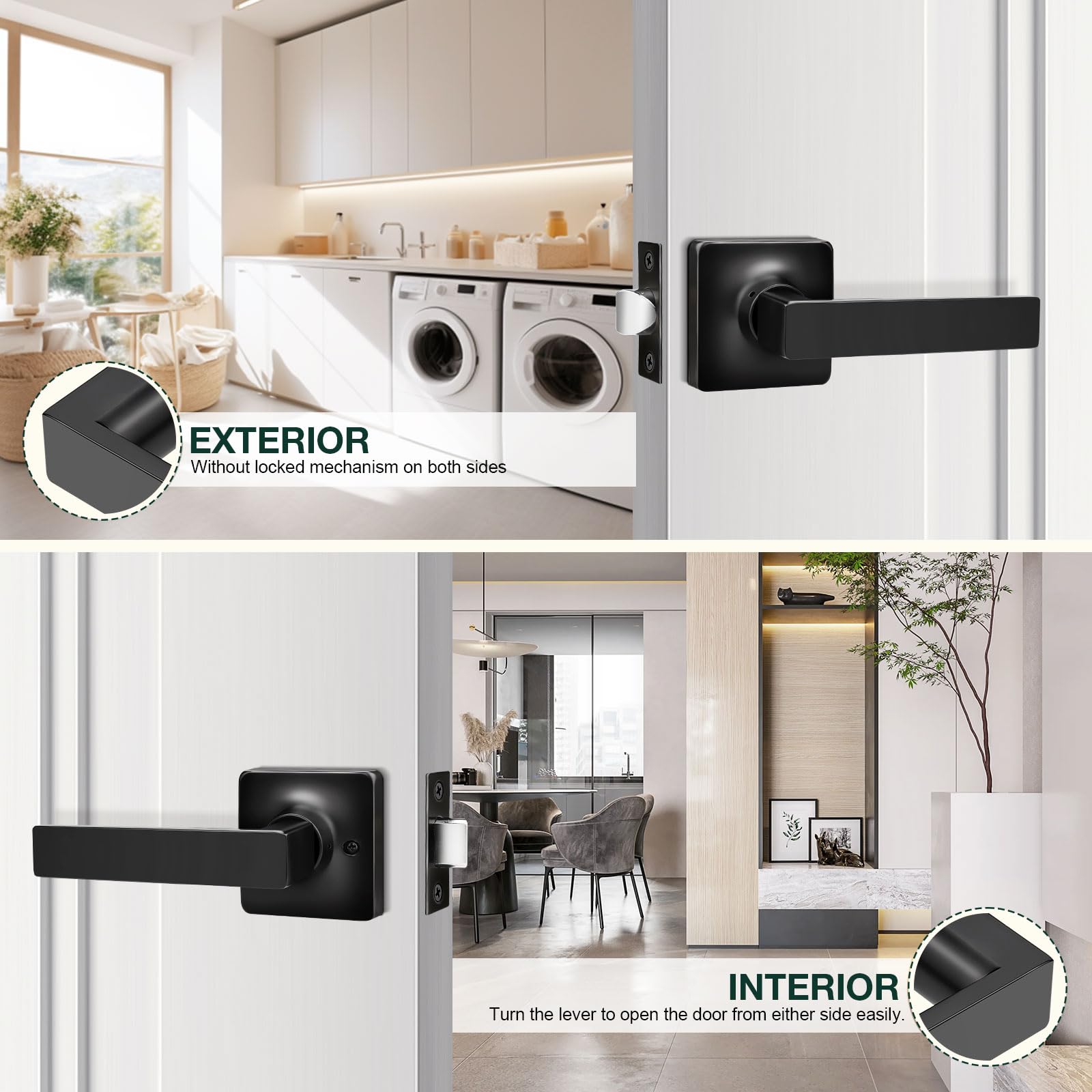 Gobekor 3 Pack Matte Black Square Interior Door Handles - Modern Passage & Closet Door Levers with Lock - Perfect for Bedrooms, Bathrooms & Office Doors