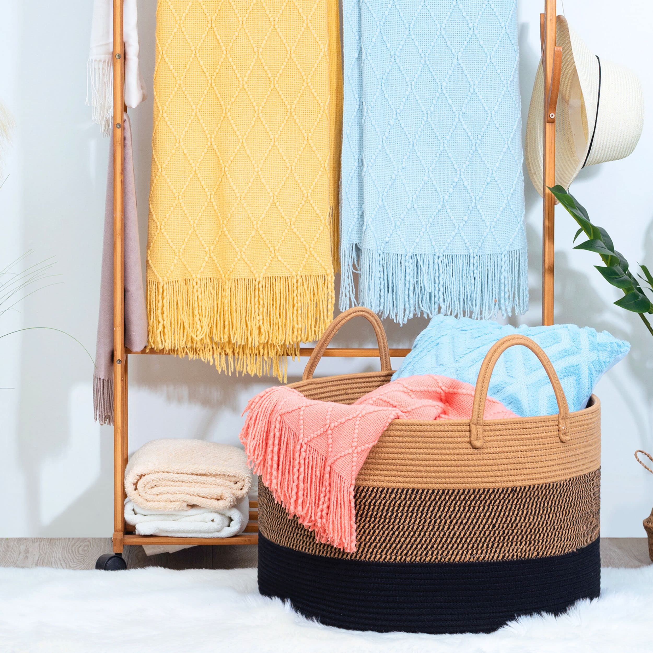 MINTWOOD Extra Large 22x14 Inch Woven Storage Basket - Blanket, Laundry & Toy Organizer, Decorative Cotton Rope Bin for Living Room, Bedroom & Nursery - Black Jute Basket for Home Organization & Cozy Decor