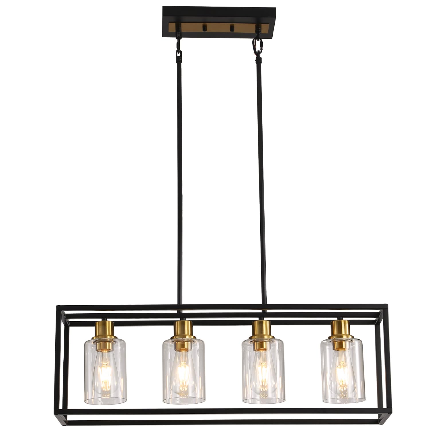 EMONG 4-Light Black and Gold Rectangular Chandelier - Adjustable Height Dining Room Pendant Light with Clear Glass Shade for Kitchen Island, Dining Table & Breakfast Nook Lighting