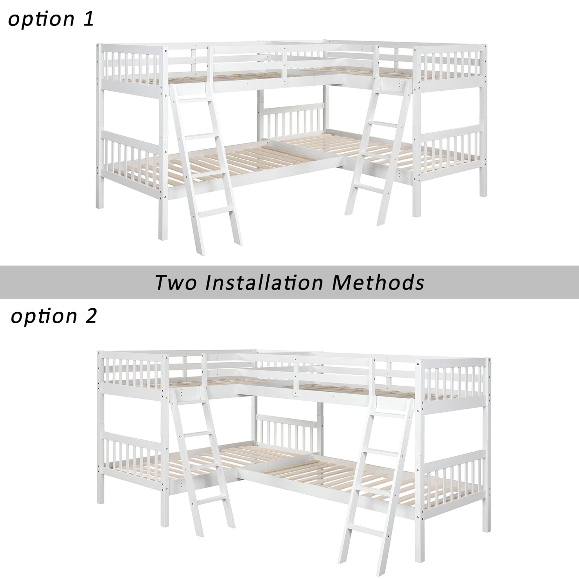 Harper & Bright Designs L-Shaped Quad Bunk Bed for 4 - Twin Size Wooden Bunk Bed Frame for Kids, Teens & Adults in White | Space-Saving Solution for Shared Bedrooms, Dorms & Vacation Homes