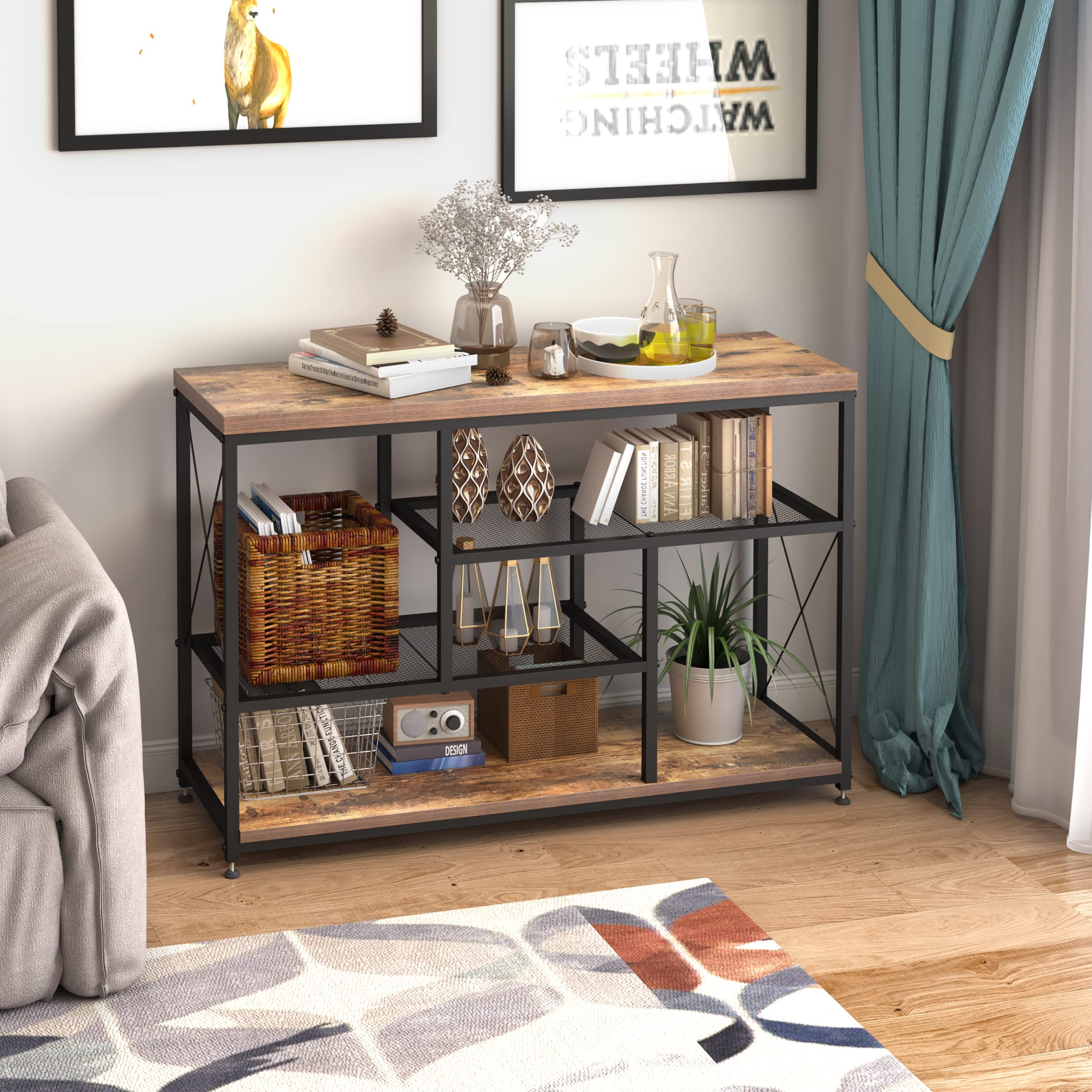 Rustic Oak TV Stand Console Table with Open Bookshelf - 47 Inch Industrial Sofa Table for Living Room, Entryway & Hallway - Perfect for Bedroom Storage & Living Room Decor