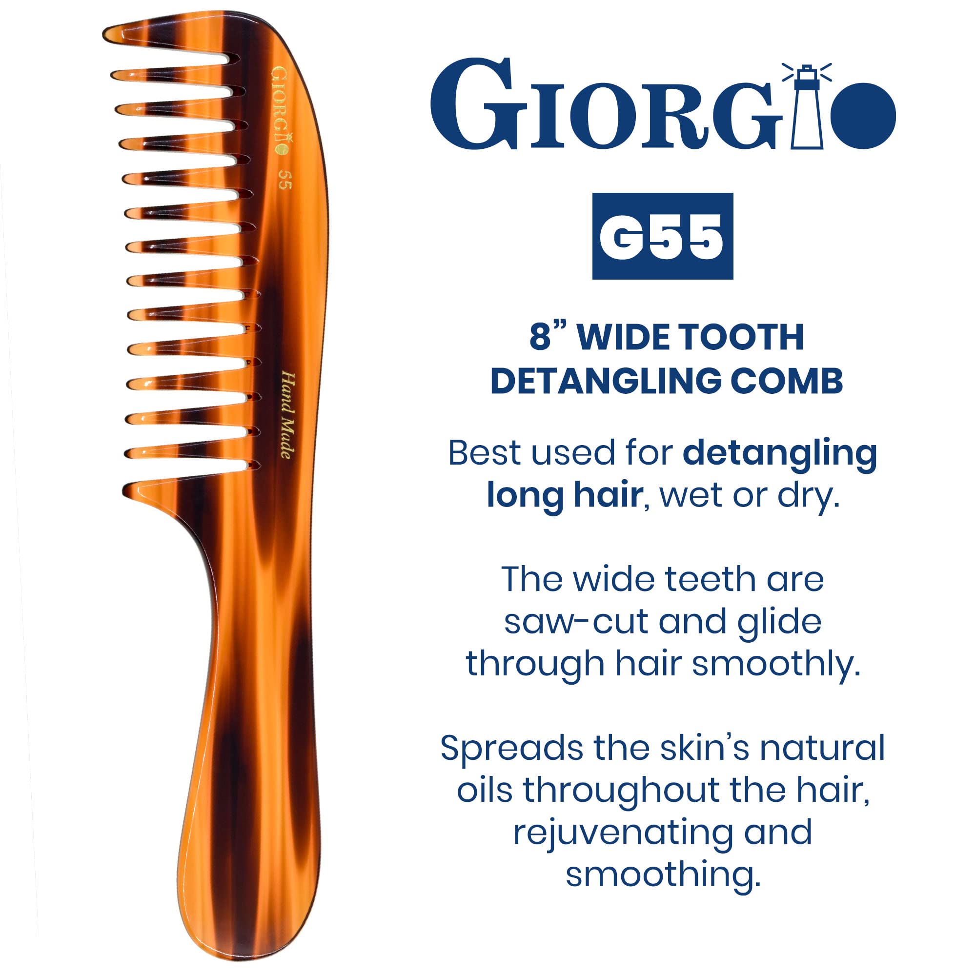Giorgio G55 Wide Tooth Comb for Wet Hair - Detangling Comb for Thin to Medium Thickness Hair - Handmade Large Tooth Rake Comb for Women (Saw-Cut & Hand Polished) - Perfect for Shower, Salon & Daily Hair Care