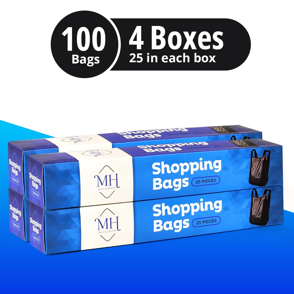 Black Plastic Bags With Handles - 100 Count (4 Boxes of 25) for Small Business, Retail Stores & Restaurants - Durable Grocery Shopping & Merchandise Bags - Perfect for Office Wastebaskets, Kitchen Trash & Commercial Use