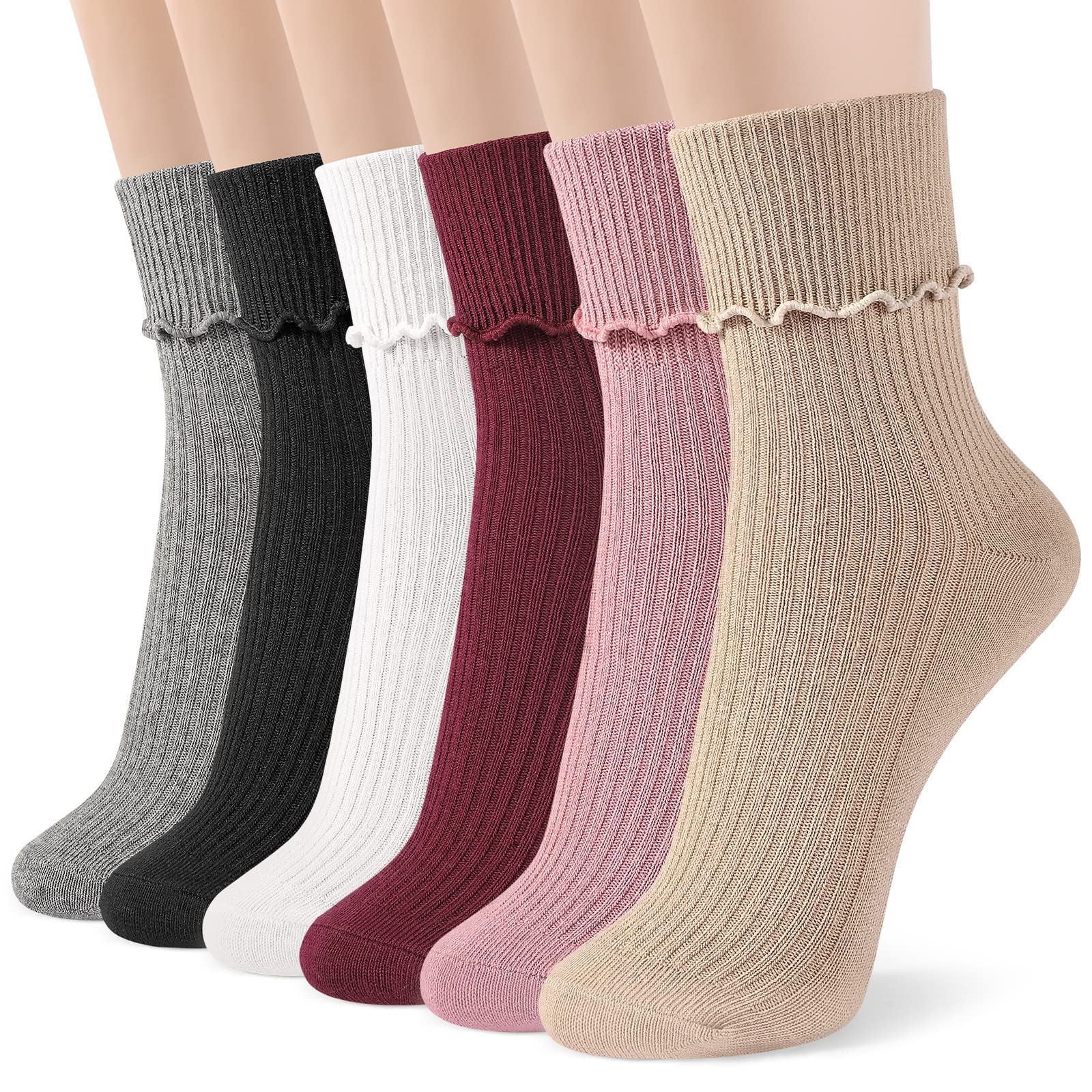 BOOPH 6 Pairs Girls Ruffle Socks - Baby Toddler Turn Cuff Slouch Crew Socks for Kids | Soft Cotton Ankle Socks for School, Play & Special Occasions