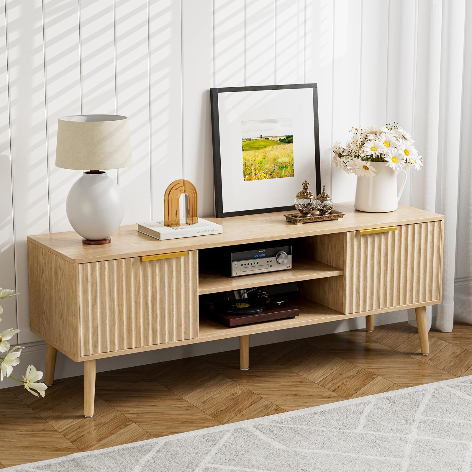 Modern TV Stand for 55/60/65 Inch TVs - Oak Entertainment Center with Fluted Door Cabinets & Open Shelves - Living Room & Bedroom Media Console - Perfect for Home Theater & Family Entertainment Spaces