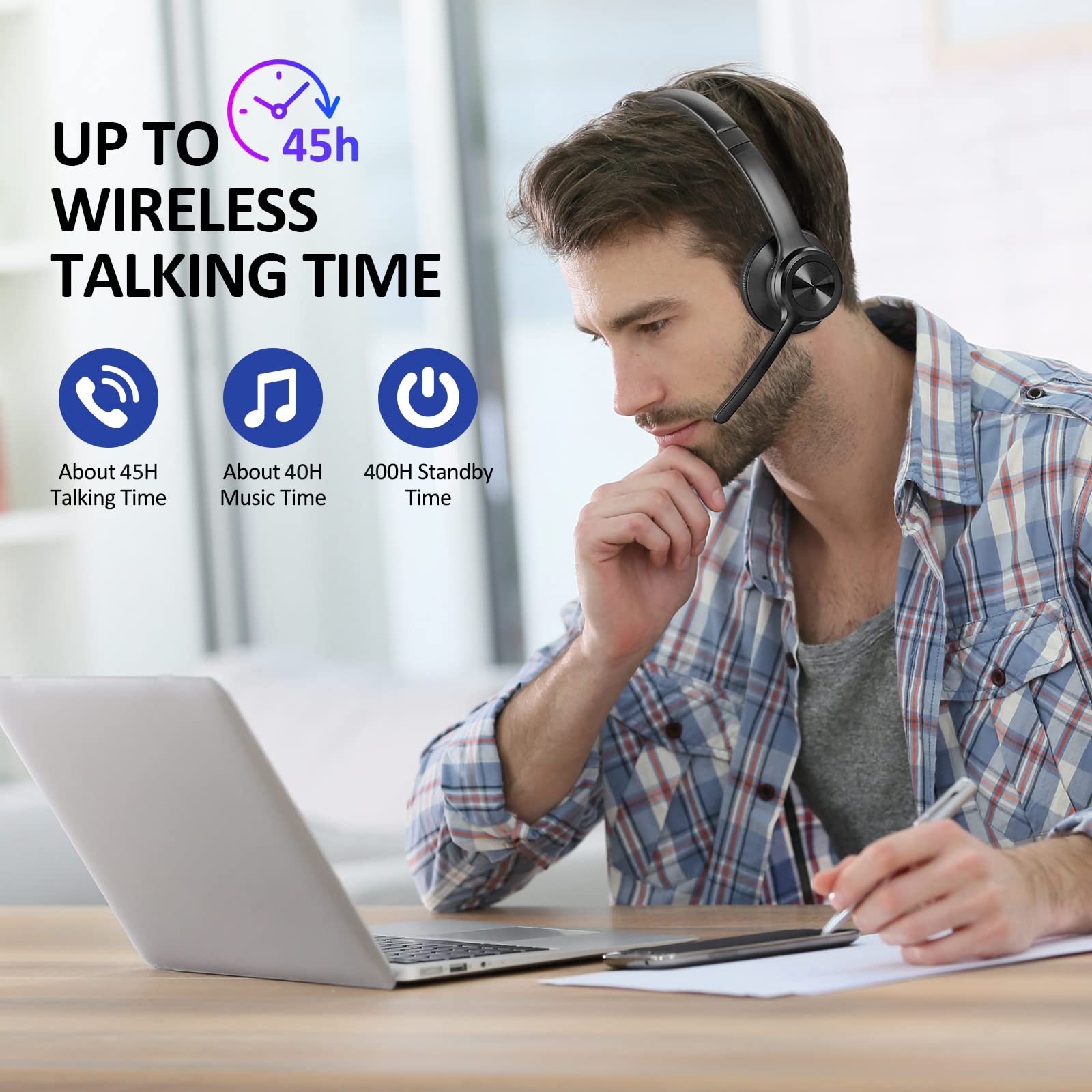 Bluetooth 5.2 Wireless Headphones with Noise Cancelling Mic, On-Ear Wireless Headset for Phone & Laptop, Ideal for Work, Gaming & Travel