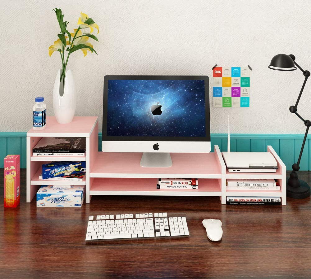 QTQHOME Wooden Monitor Stand Riser with Storage Shelf - Pink 38x11x8 Inches, Multi-Functional Desktop Organizer for Computer, TV, Printer | Perfect for Home Office, Gaming Setup & Workspace Organization