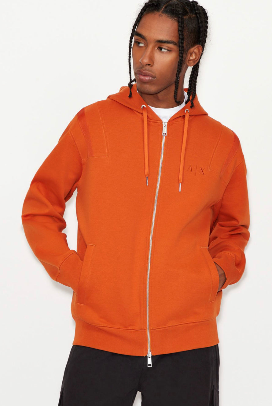ARMANI EXCHANGE Men's Orange Hooded Zip-Up Jersey Sweatshirt | Casual Pullover Fleece Jacket for Streetwear & Outdoor Activities