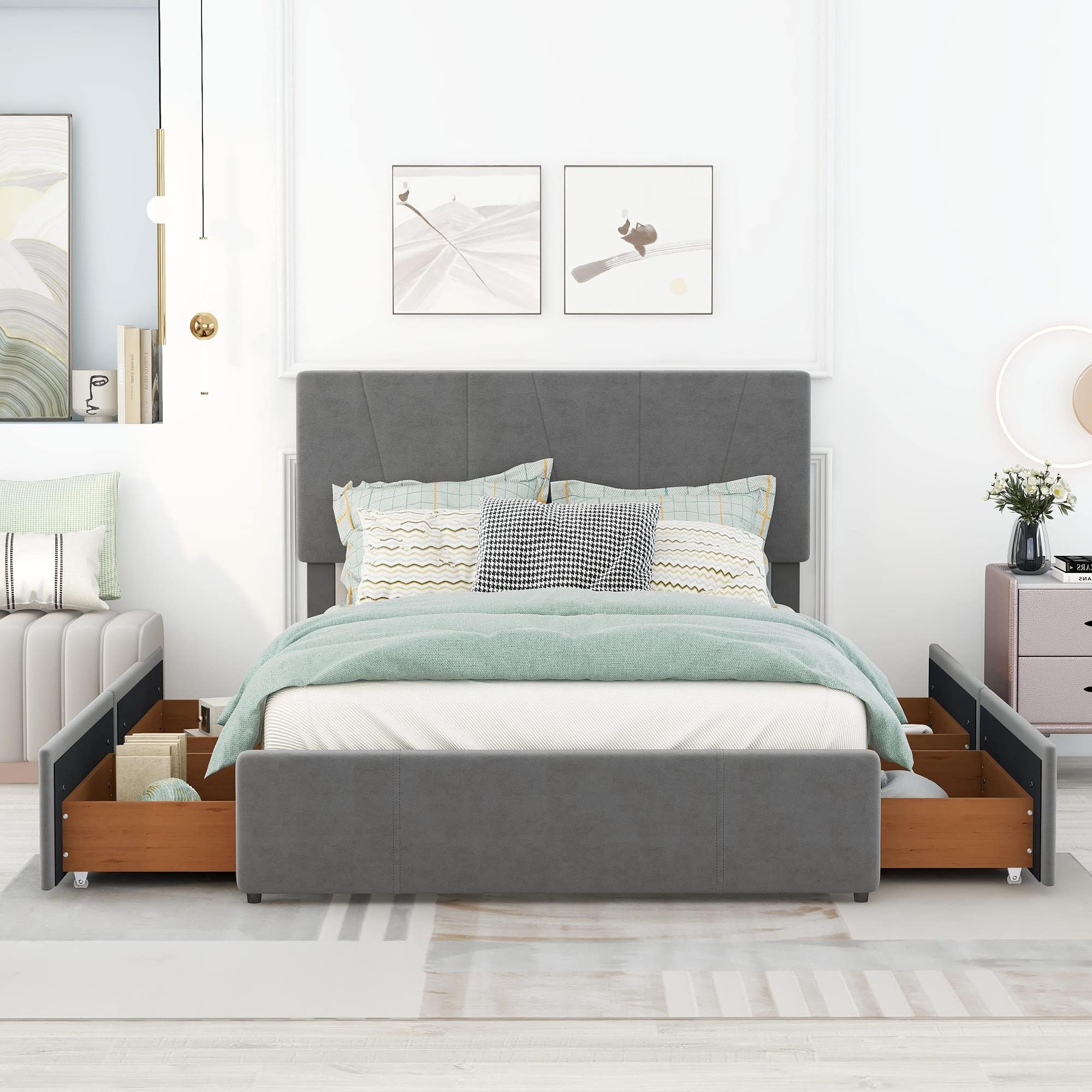 JULYFOX Full Size Velvet Upholstered Bed Frame with Tufted Headboard & 4 Storage Drawers - Heavy Duty 500 lbs Capacity, No Box Spring Needed (Gray) - Perfect for Small Bedrooms, Guest Rooms & Modern Apartments