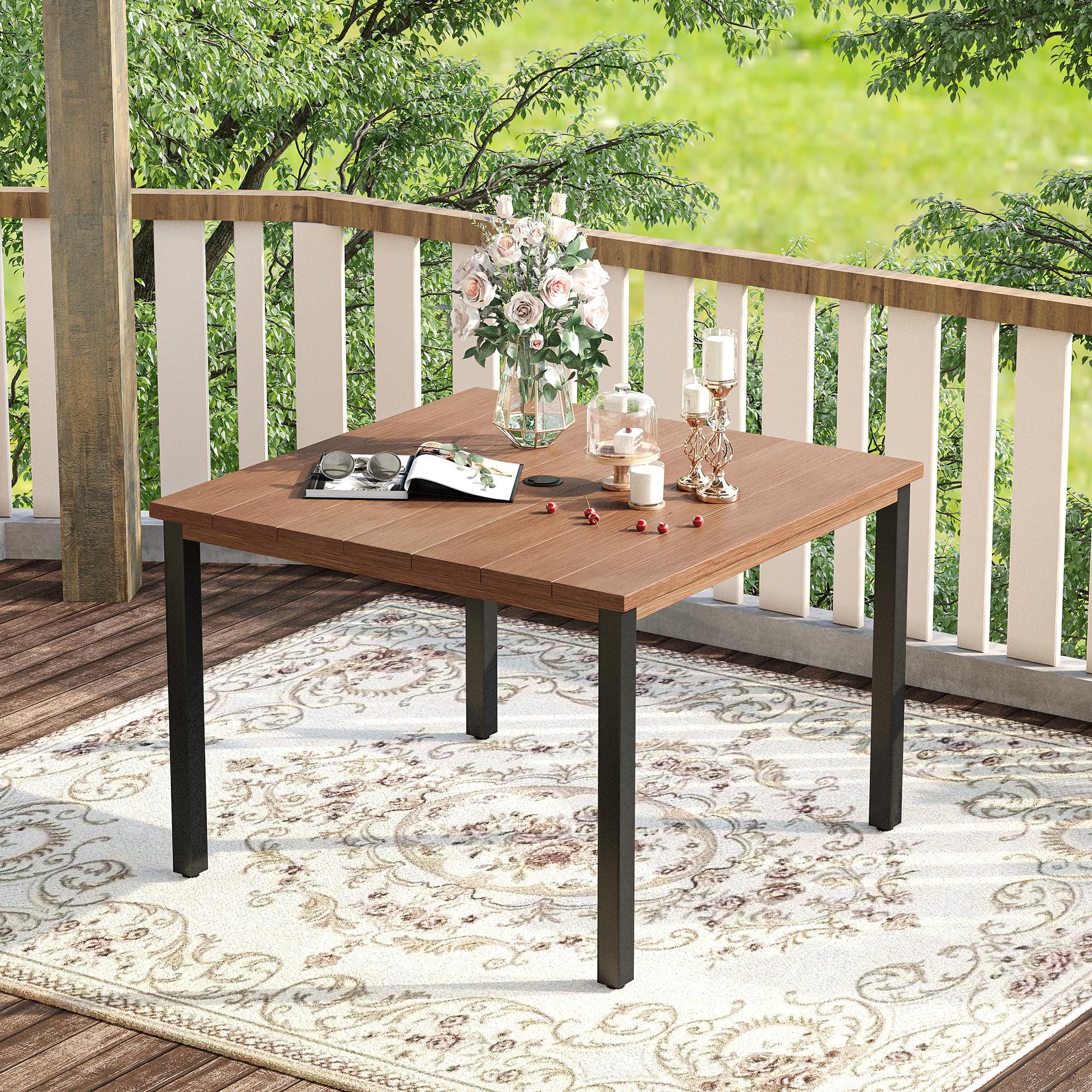 VICLLAX 40.2 Inch Square Outdoor Dining Table for 4 People - All-Weather Metal Patio Table with Umbrella Hole - Walnut Wood-Like Tabletop - Perfect for Garden, Lawn, Backyard, and Poolside Dining