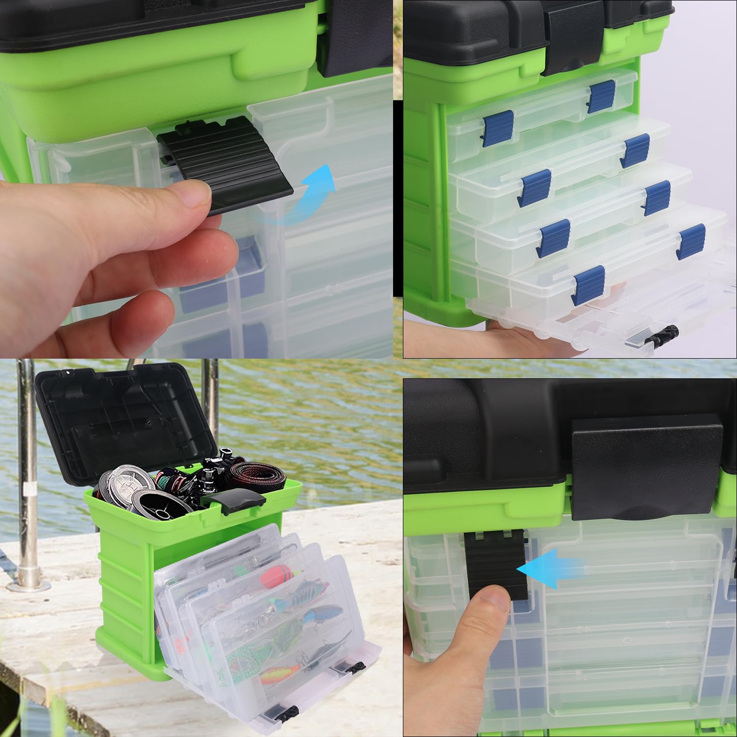 **KUKLIPJIM 4-Layer Fishing Tackle Box with Quick-Access Lid – Durable Storage for Fishing Gear, Hooks, Lures & Accessories (Green) – Perfect for Freshwater & Saltwater Fishing Trips**