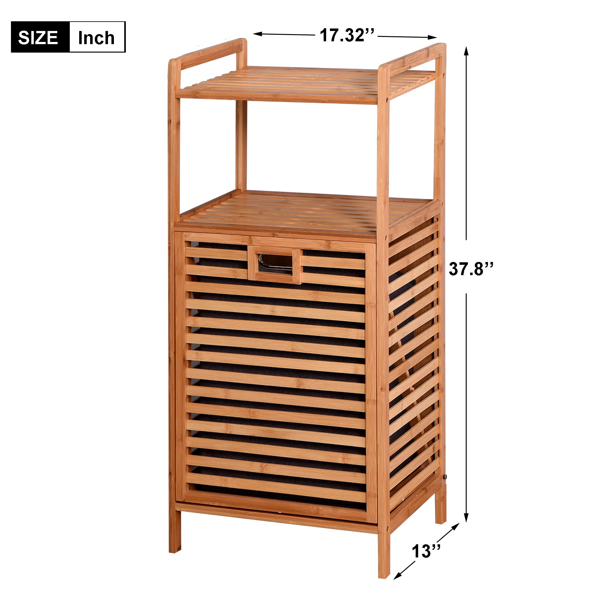 Amposei Bamboo Tilt-Out Laundry Hamper - Free Standing Ventilated Dirty Clothes Organizer with 2-Tier Storage Shelf & Removable Fabric Bin - Perfect for Bathroom, Bedroom, Living Room & Laundry Room Organization