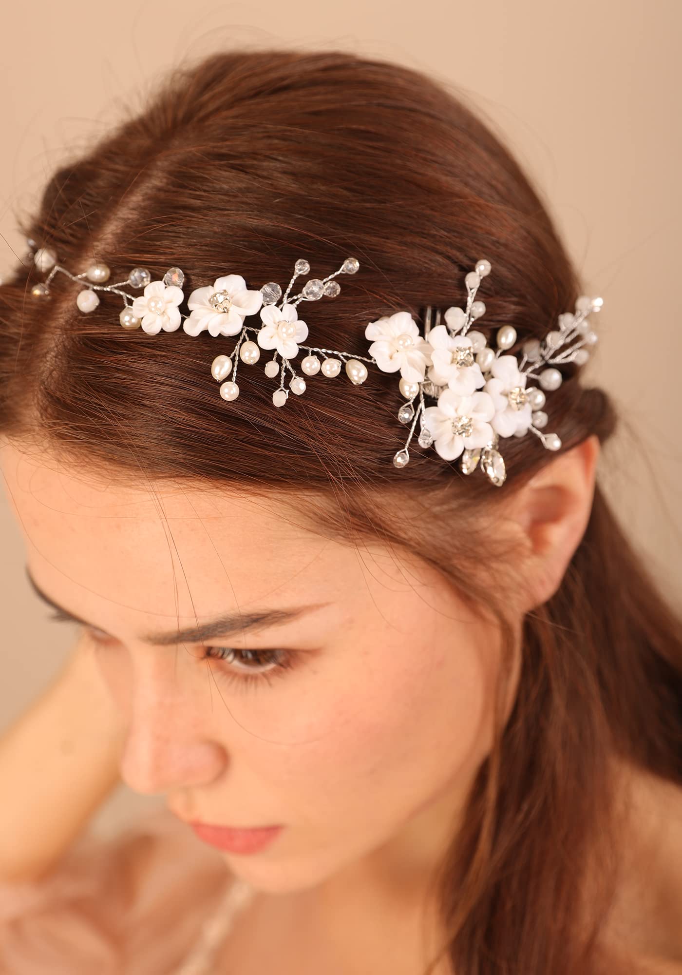 Denifery White Flower Bridal Hair Vine with Comb - Gold Crystal Pearl Wedding Hair Accessories for Women & Girls | Perfect for Bridal, Prom, and Special Occasions