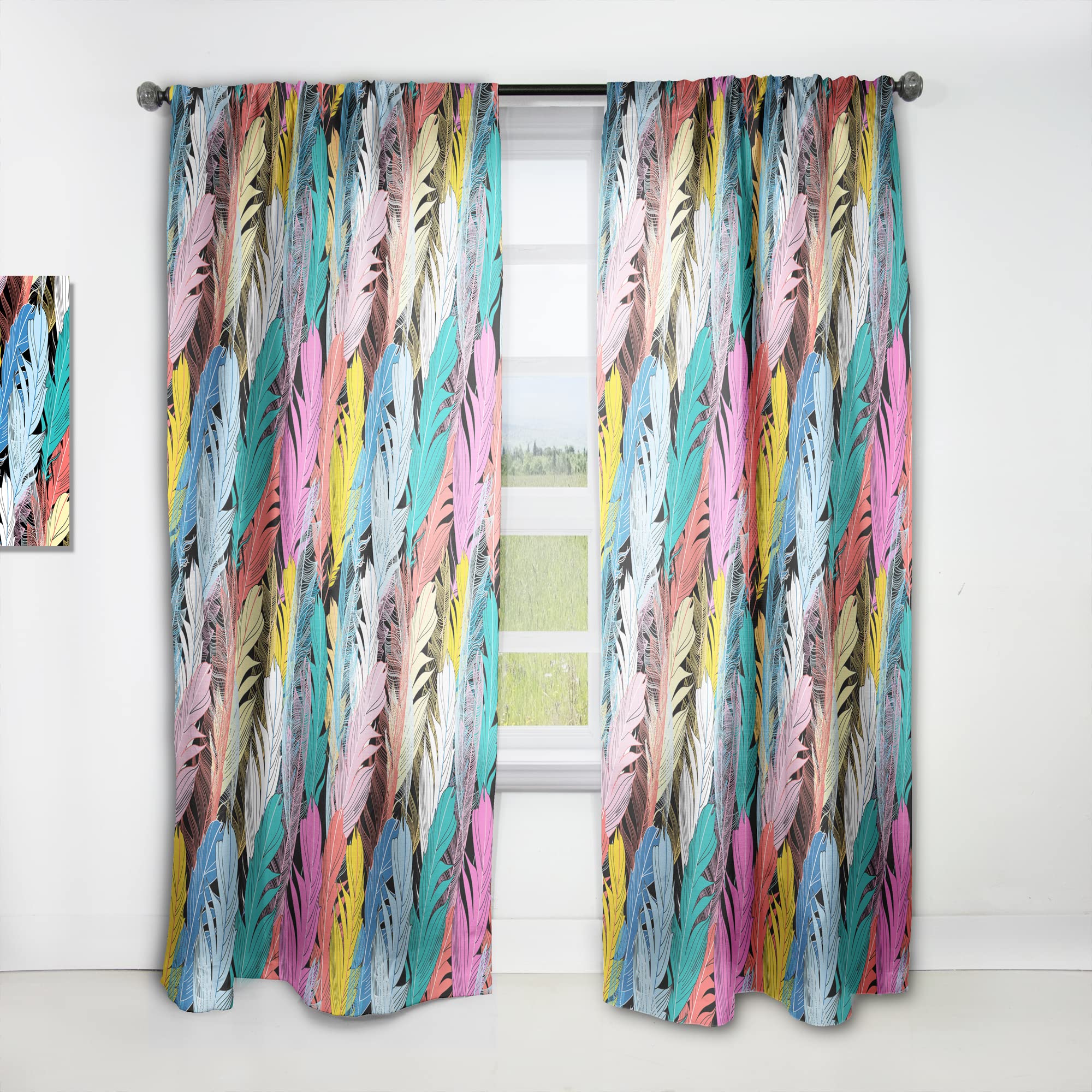 DesignQ Thermal Insulated Curtains - Graphic Pattern Multicolored Feathers for Bedroom & Living Room - Single Panel 52x108 - Perfect for Home Decor & Light Control