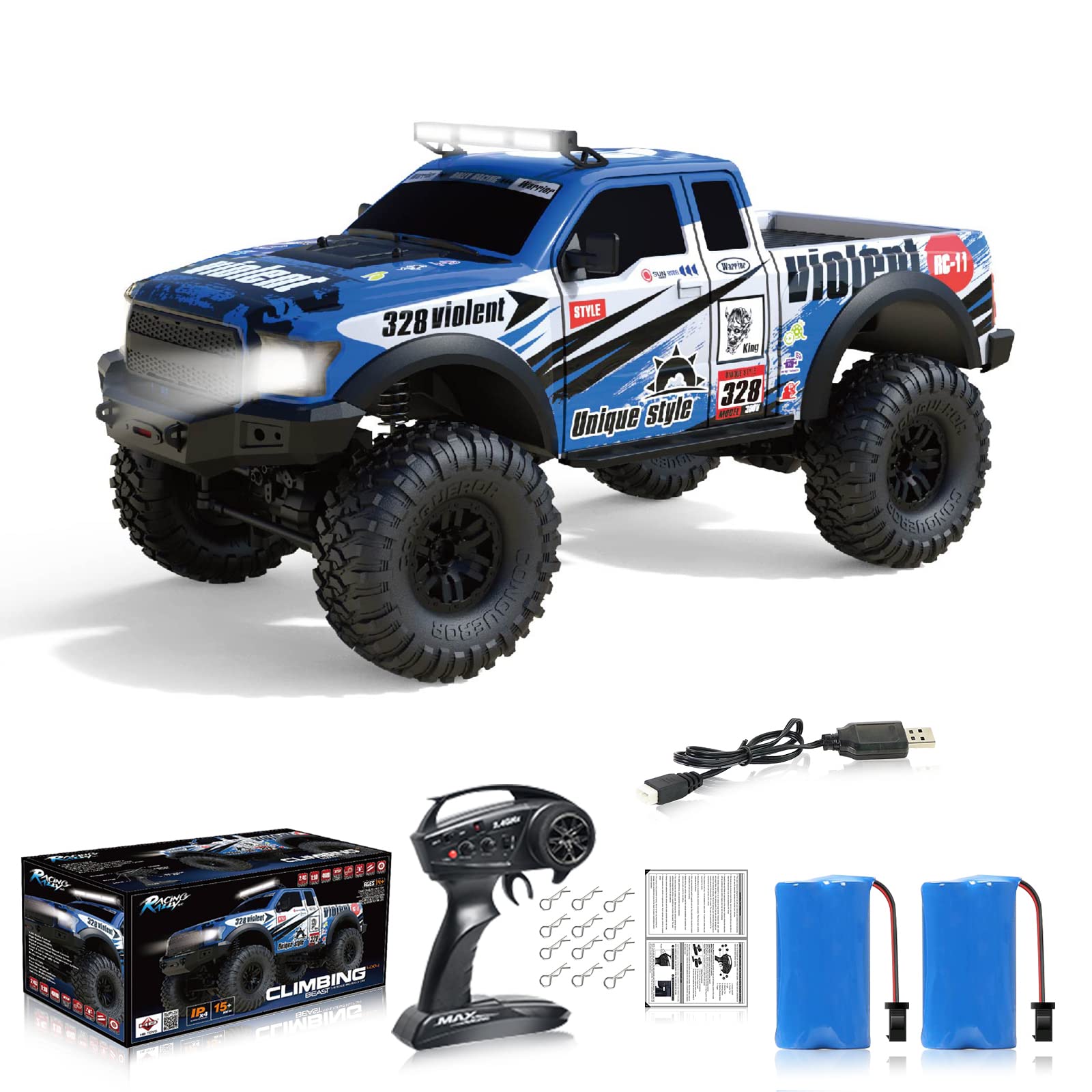 1/10 Scale RC Crawler Remote Control Car - 4WD Offroad Brushed Hobby Grade RC Truck with LED Lights & 2 Batteries - 2.4GHz RTR Model Vehicle for Adults & Kids - Perfect for Backyard Crawling, Trail Adventures and Off-Road Racing