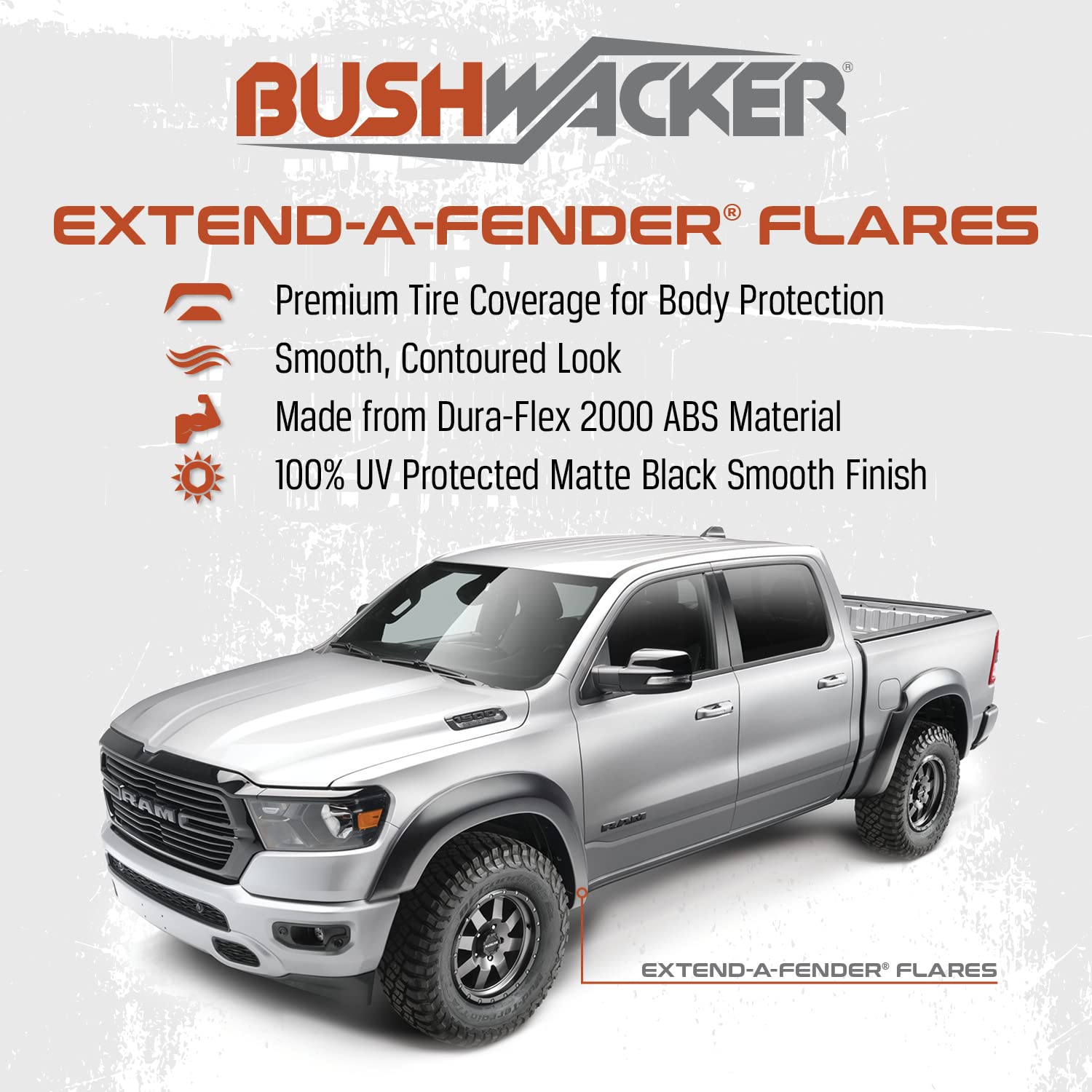 Bushwacker Extend-A-Fender Extended Front Fender Flares - 2-Piece Set, Black Smooth Finish (50035-02) | Compatible with 2009-2018 Dodge Ram 1500 & 2019-2022 Ram 1500 Classic (Excludes R/T & Rebel) | Off-Road Protection & Enhanced Style for Trucks