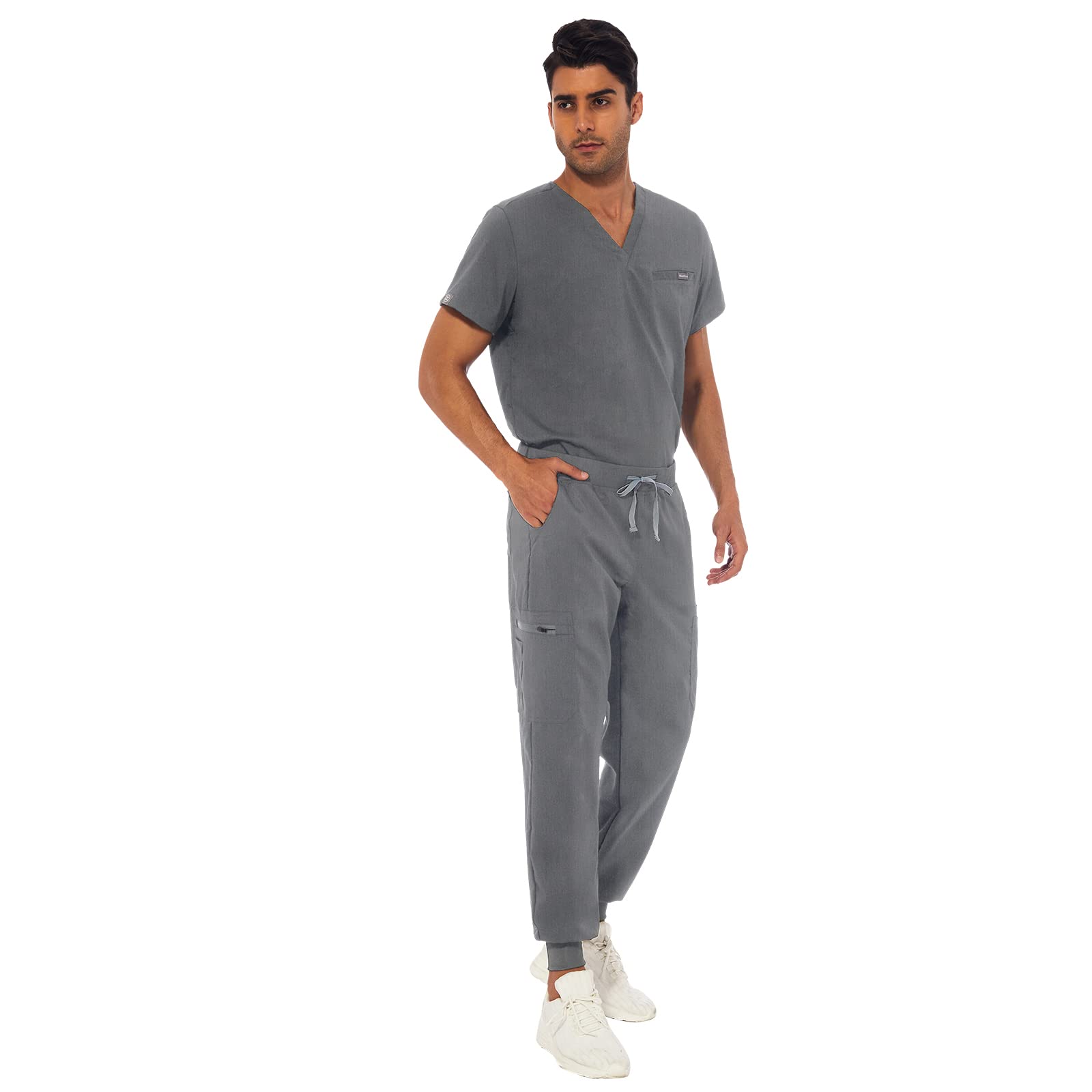 VIAOLI Men's Athletic Scrub Set - V-Neck Top & Yoga Jogger Pants with 8 Pockets for Medical Professionals | Comfortable Nursing Uniform for Doctors, Nurses & Healthcare Workers | Perfect for Hospital Shifts, Clinics & Long Work Hours