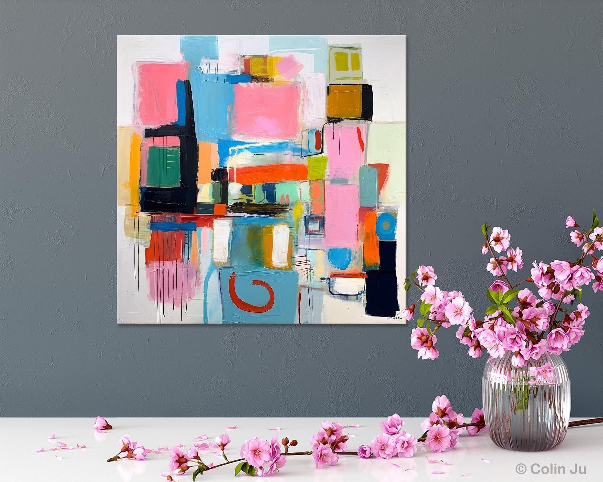 Contemporary Canvas Art - Original Modern Wall Decor - Large Abstract Acrylic Painting for Dining Room & Living Room - Handmade Home Artwork for Interior Design