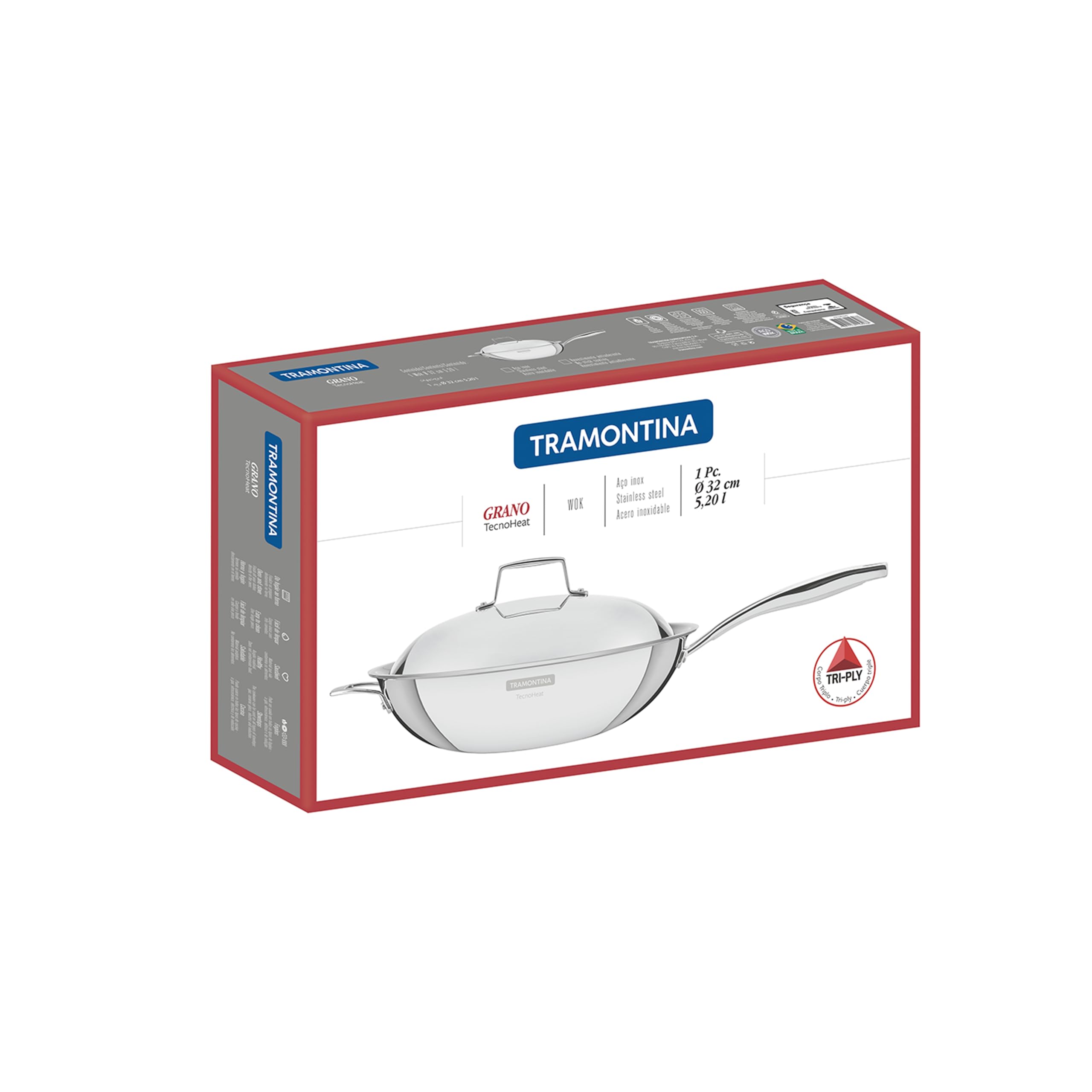 TRAMONTINA 12.6 Inch Stainless Steel Wok Pan with Lid - 3-Layer Induction Compatible Cookware for Stir Fry, Sauté & Deep Frying - Dishwasher Safe, Gas & Induction Stove Friendly - Perfect for Asian Cuisine & Home Cooking