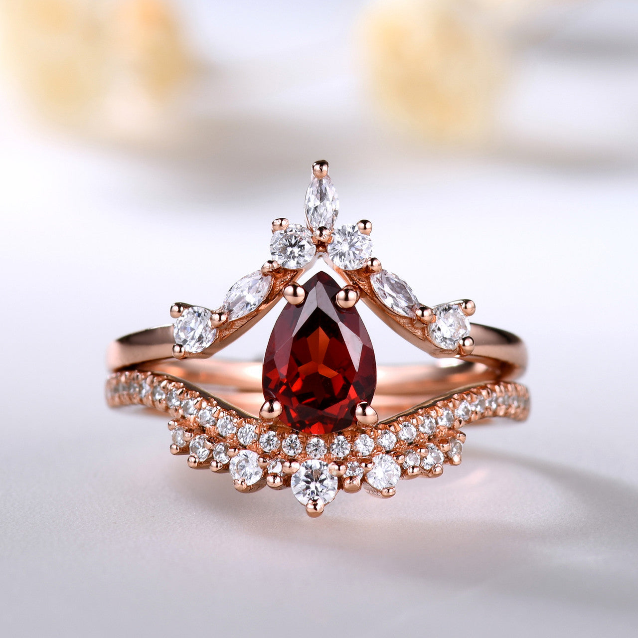 Elegant Pear Cut Garnet Promise Ring Set with Curved V Moissanite Wedding Band - Perfect for Engagement, Anniversary & Romantic Gifts