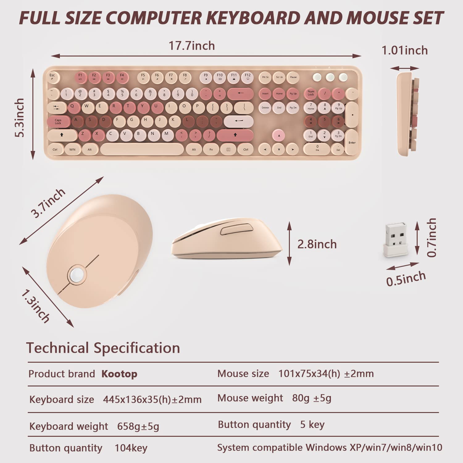 Wireless Keyboard and Mouse Combo - 2.4GHz Ergonomic 104-Key with Number Pad for Windows PC, Laptop, Desktop - Chocolate Color - Perfect for Office Work, Gaming & Home Computing