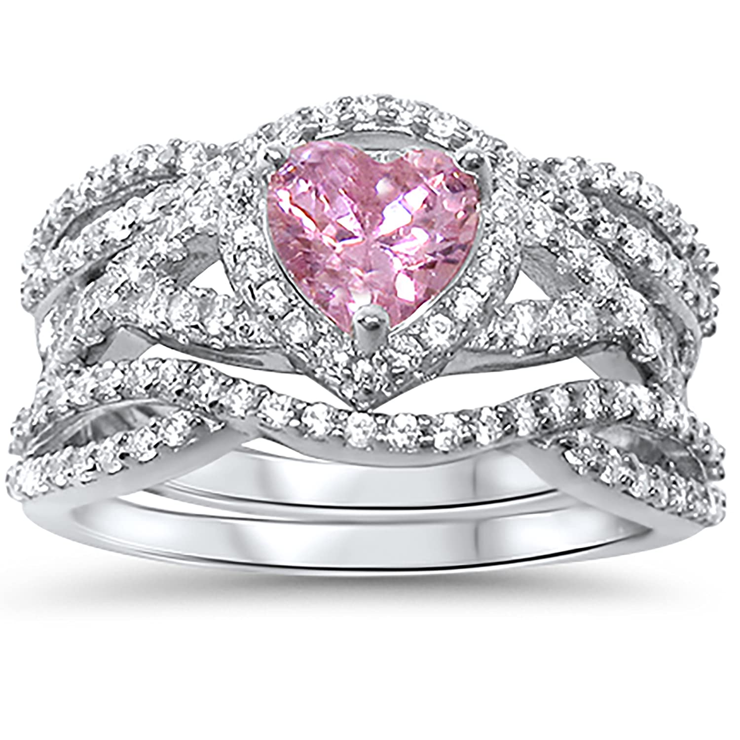 LaRaso & Co Sterling Silver Pink CZ Simulated Sapphire Matching Couple Rings Set - His & Her Wedding Bands, Engagement Rings for Bridal Jewelry - Perfect for Anniversaries, Proposals & Romantic Gifts