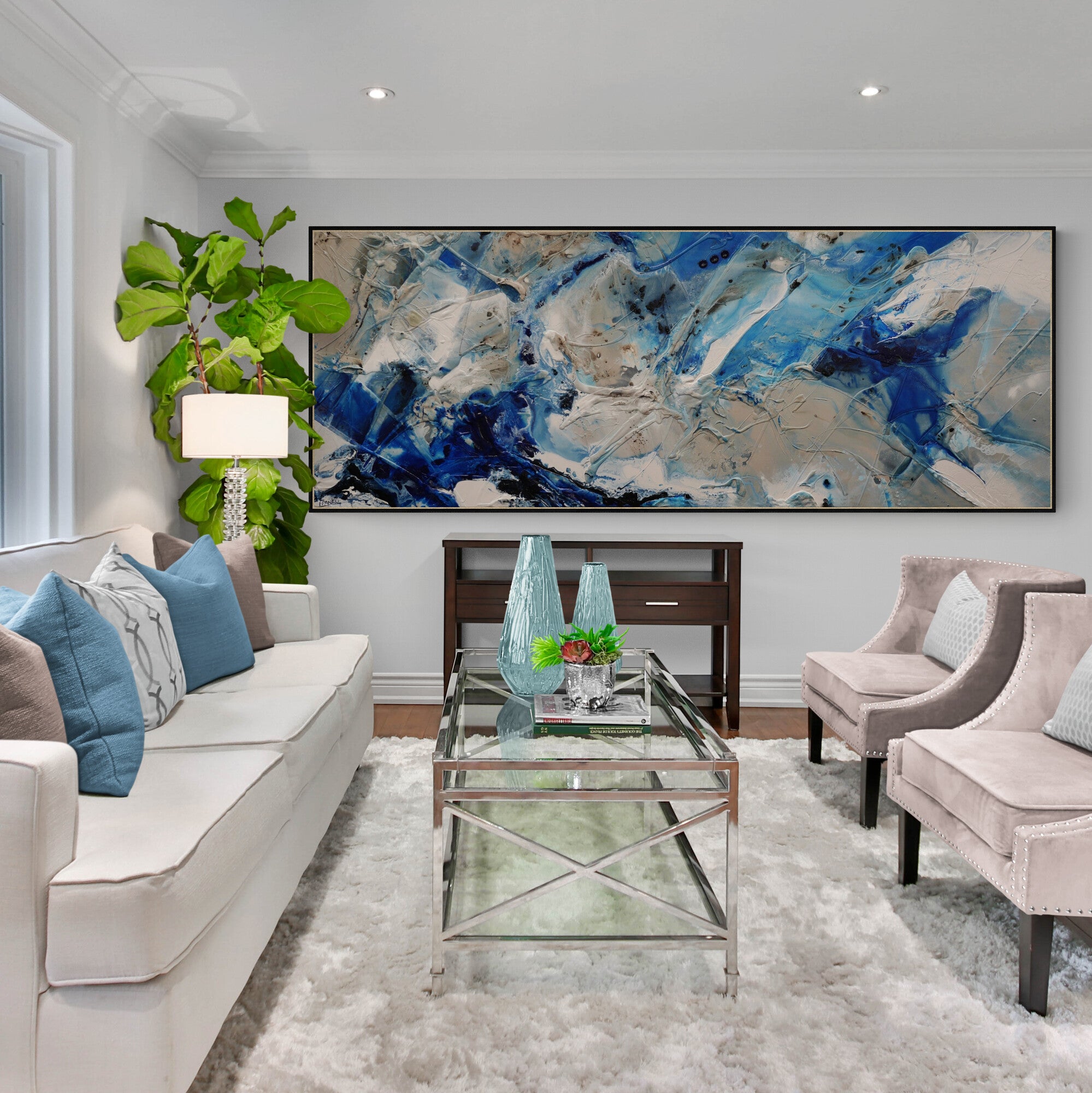 270cm x 100cm Abstract Textured Painting - Phalto Mid Blues Honey White - Modern Wall Art for Living Room, Bedroom & Office Decor