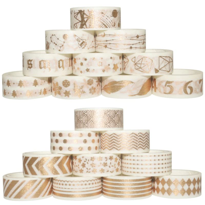 20 Rolls White Gold Washi Tape Set - Cute Foil Masking Tape for Journaling, Scrapbooking & Planner Decor - Kawaii Decorative Adhesive Tape for DIY Crafts, Bullet Journals & Stationery (3m Length, Color A)