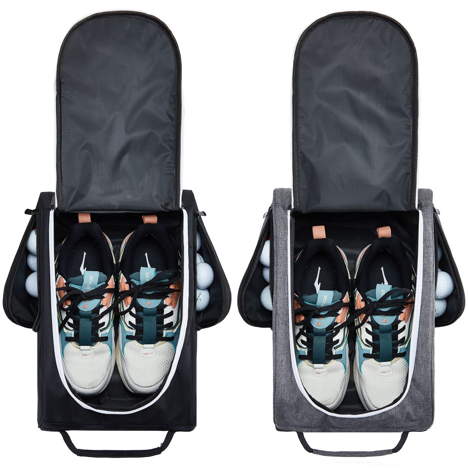 Funtery 2 Pack Golf Shoe Travel Bag - Waterproof Zippered Sports Shoe Carrier with Ventilation & Exterior Pocket for Golf Balls, Tees & Socks - Lightweight Golf Accessories for Men & Women - Perfect for Travel, Gym & Golf Course Use