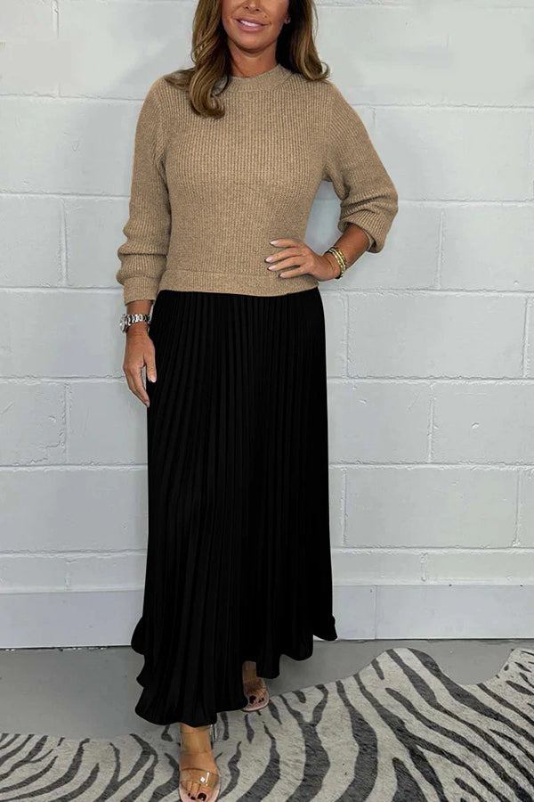 Stylish Knitted Round Neck Long Sleeve Patchwork Pleated Hem Maxi Dress for Women | Elegant Boho Chic Winter Dress | Perfect for Holiday Parties, Date Nights & Casual Outings