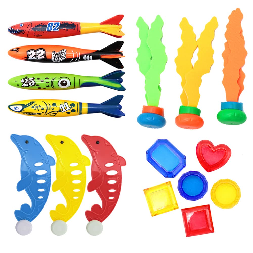 13Pcs Pool Diving Toys Set with Storage Bag - Underwater Swim Toys for Kids Ages 6-10, Includes Sparkling Gems, Rings, Torpedoes & Sea Grass Sticks - Perfect Summer Water Toys for Boys & Girls - Great for Pool Parties, Swimming Lessons & Backyard Fun